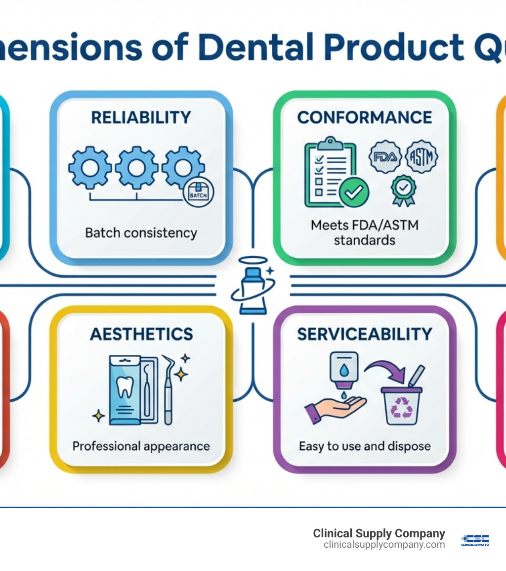 Infographic showing the 8 dimensions of product quality in dental supplies: Performance (tactile sensitivity, suction strength), Reliability (batch consistency), Conformance (meets FDA/ASTM standards), Durability (withstands clinical use), Safety (protects patients and staff), Aesthetics (professional appearance), Serviceability (easy to use and dispose), and Perceived Quality (builds trust and confidence) - High quality products infographic