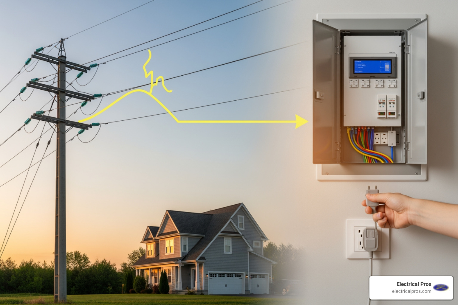 infographic showing the path of electricity from the grid to a home appliance, highlighting key devices and disconnects - devices and disconnects in hoschton, ga