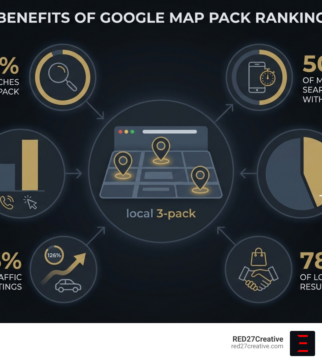 Infographic showing the benefits of ranking in the Google Map Pack: 93% of local searches feature the 3-pack, businesses in the pack see 93% more actions than positions 4-10, 126% increase in traffic versus non-pack listings, 44% of total clicks on search results pages, 50% of mobile local searchers visit a business within 24 hours, and 78% of local searches result in offline sales - Map pack ranking infographic Infographic showing the benefits of ranking in the Google Map Pack: 93% of local searches feature the 3-pack, businesses in the pack see 93% more actions than positions 4-10, 126% increase in traffic versus non-pack listings, 44% of total clicks on search results pages, 50% of mobile local searchers visit a business within 24 hours, and 78% of local searches result in offline sales - Map pack ranking infographic