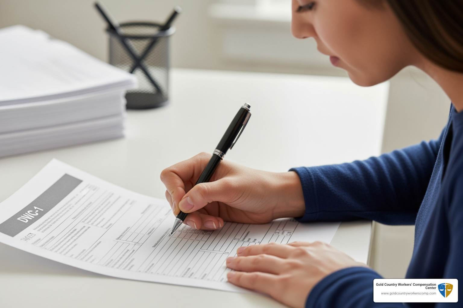 person filling out a DWC-1 form - claim for work injury