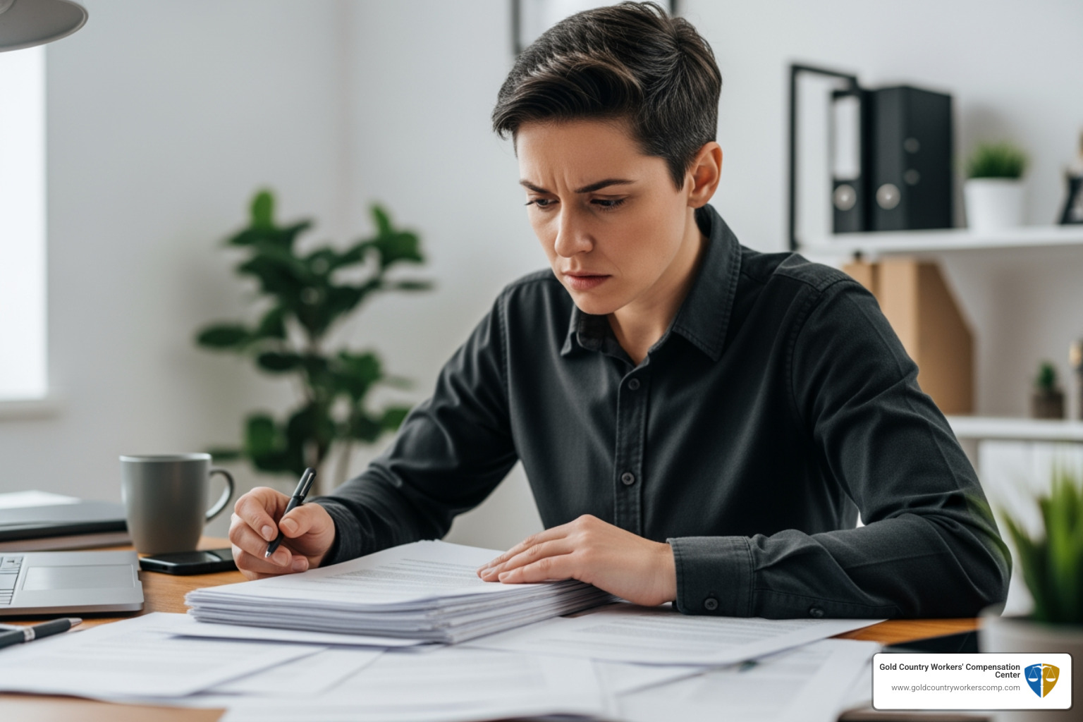 person looking concerned while reviewing paperwork - claim for work injury