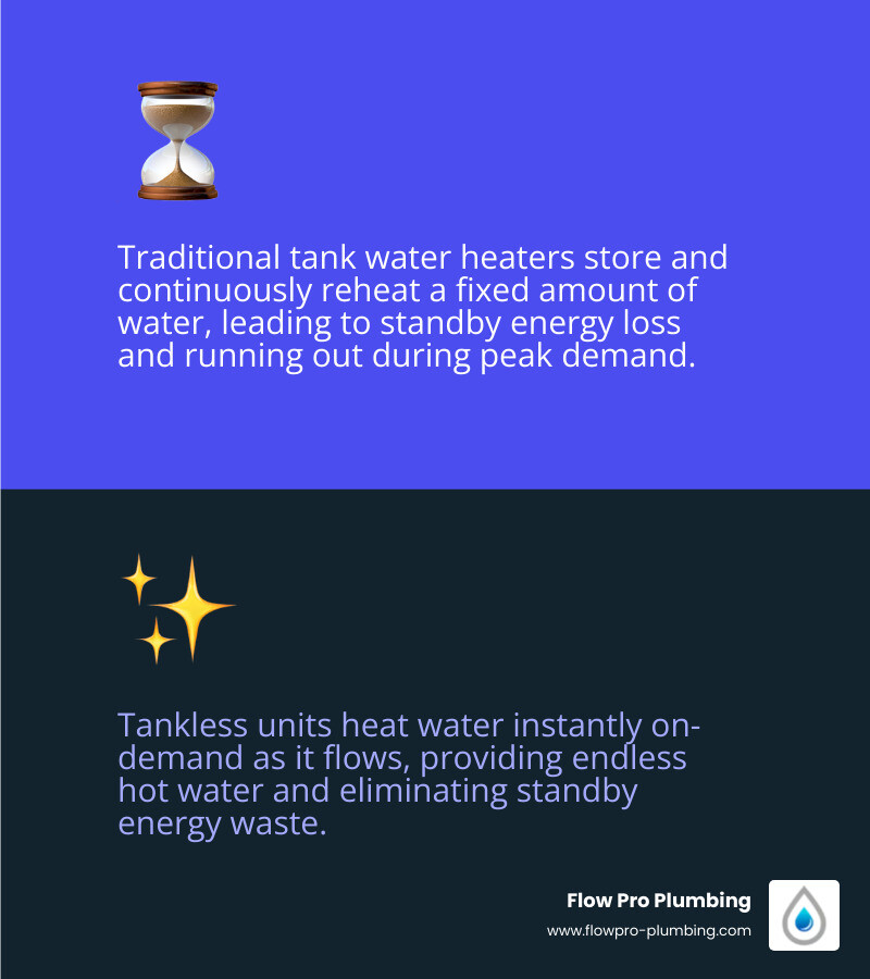 Infographic comparing tankless water heater operation showing cold water entering the unit, passing through a heat exchanger that activates on-demand, and delivering endless hot water versus a traditional tank water heater showing a large storage tank that continuously heats and reheats a fixed amount of water, highlighting energy waste from standby heat loss and the risk of running out during peak demand - tankless water heater installation in oakley, ca infographic 2_facts_emoji_blue Infographic comparing tankless water heater operation showing cold water entering the unit, passing through a heat exchanger that activates on-demand, and delivering endless hot water versus a traditional tank water heater showing a large storage tank that continuously heats and reheats a fixed amount of water, highlighting energy waste from standby heat loss and the risk of running out during peak demand - tankless water heater installation in oakley, ca infographic 2_facts_emoji_blue