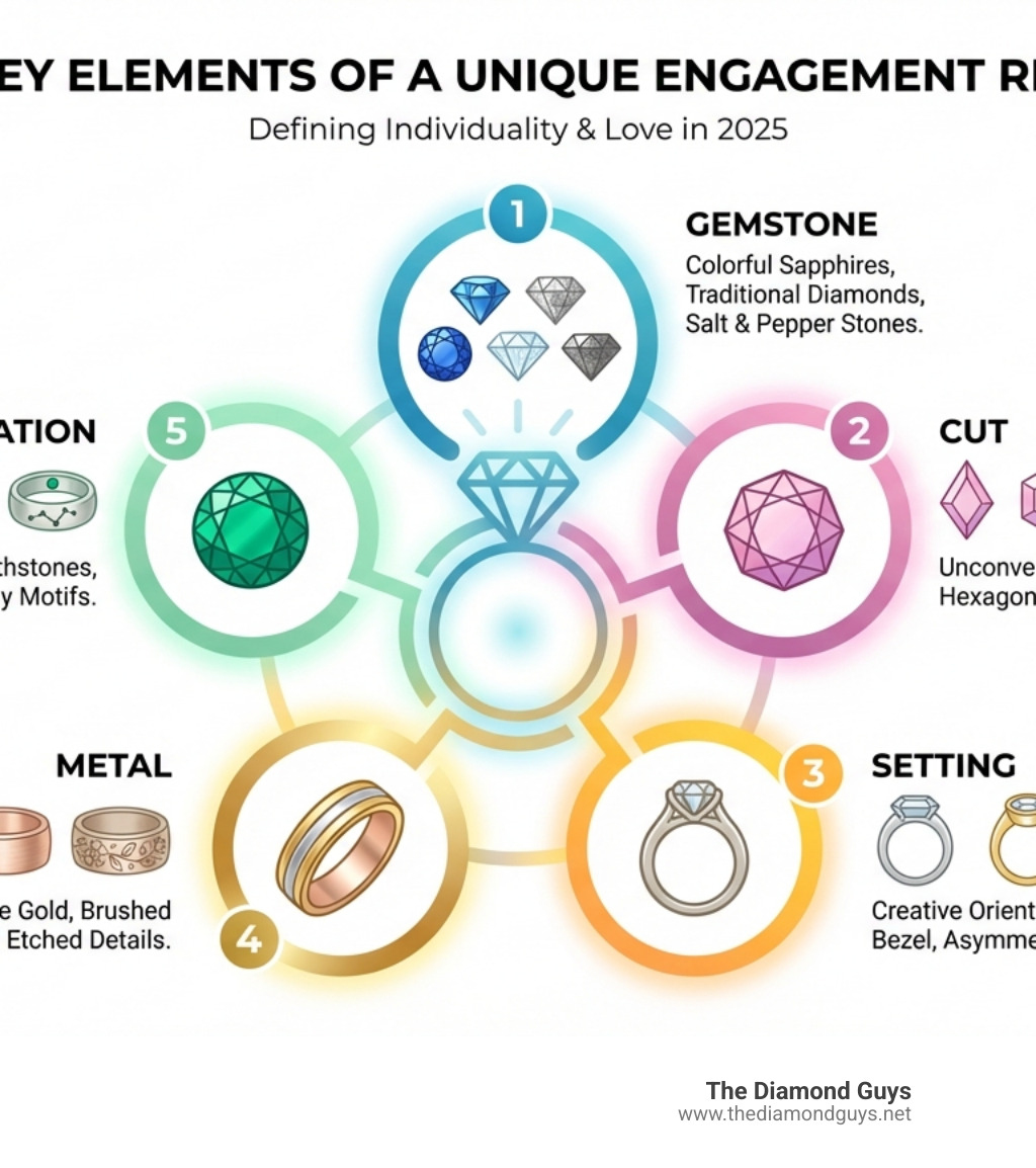 Infographic showing the 5 key elements that define a unique engagement ring: 1. Gemstone - from traditional diamonds to colorful sapphires and distinctive salt and pepper stones, 2. Cut - unconventional shapes like kite, hexagon, asscher, and rose cuts, 3. Setting - creative orientations including East-West, bezel, and asymmetrical designs, 4. Metal - mixed metals, rose gold, brushed finishes, and etched details, 5. Personalization - engravings, hidden birthstones, and custom motifs that tell your story - unique ring designs engagement infographic Infographic showing the 5 key elements that define a unique engagement ring: 1. Gemstone - from traditional diamonds to colorful sapphires and distinctive salt and pepper stones, 2. Cut - unconventional shapes like kite, hexagon, asscher, and rose cuts, 3. Setting - creative orientations including East-West, bezel, and asymmetrical designs, 4. Metal - mixed metals, rose gold, brushed finishes, and etched details, 5. Personalization - engravings, hidden birthstones, and custom motifs that tell your story - unique ring designs engagement infographic