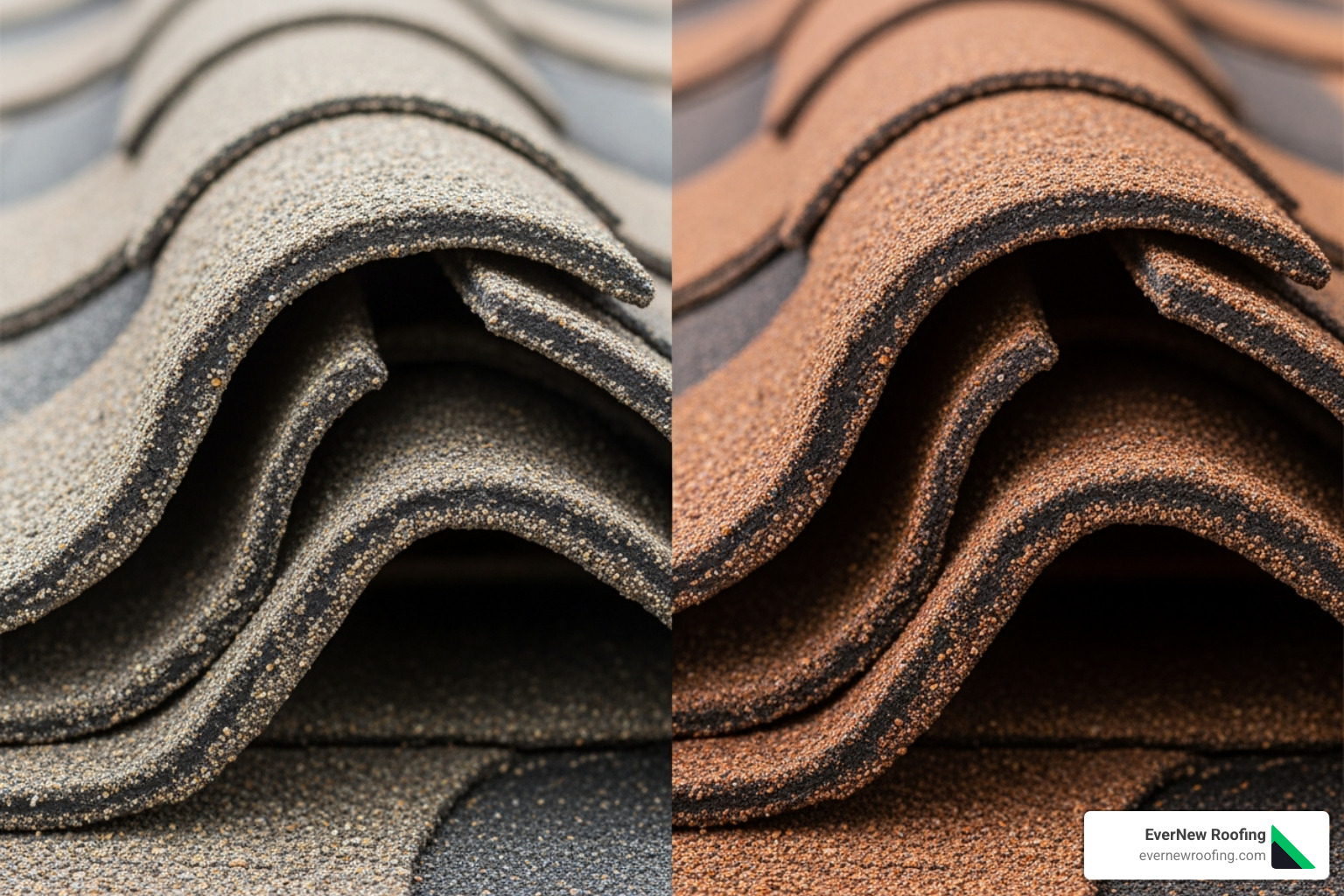 close-up of brittle, cracked shingles vs. flexible, treated shingles - Asphalt shingle conditioner