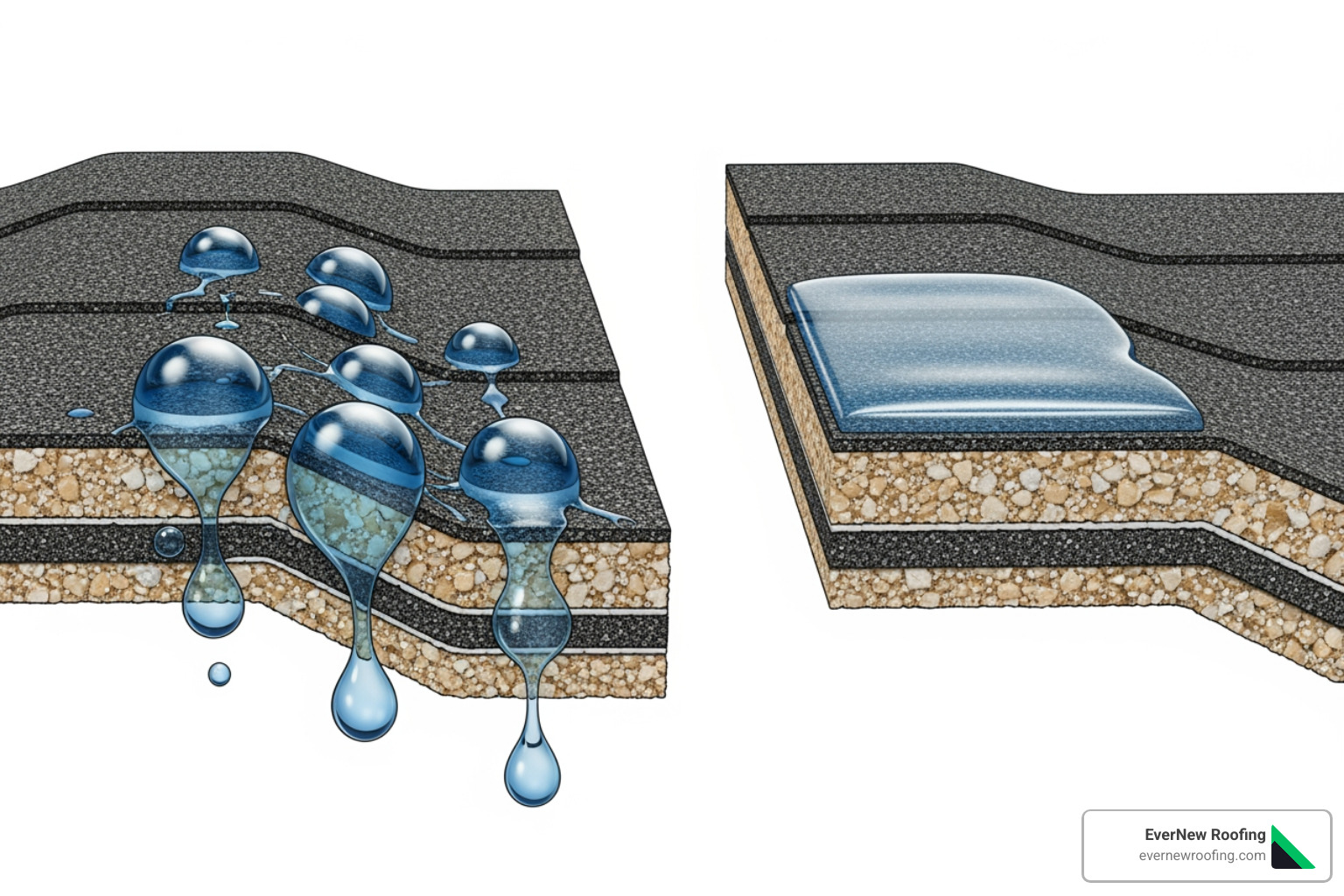 diagram showing a penetrating oil soaking into the shingle vs. a surface coating sitting on top - Asphalt shingle conditioner