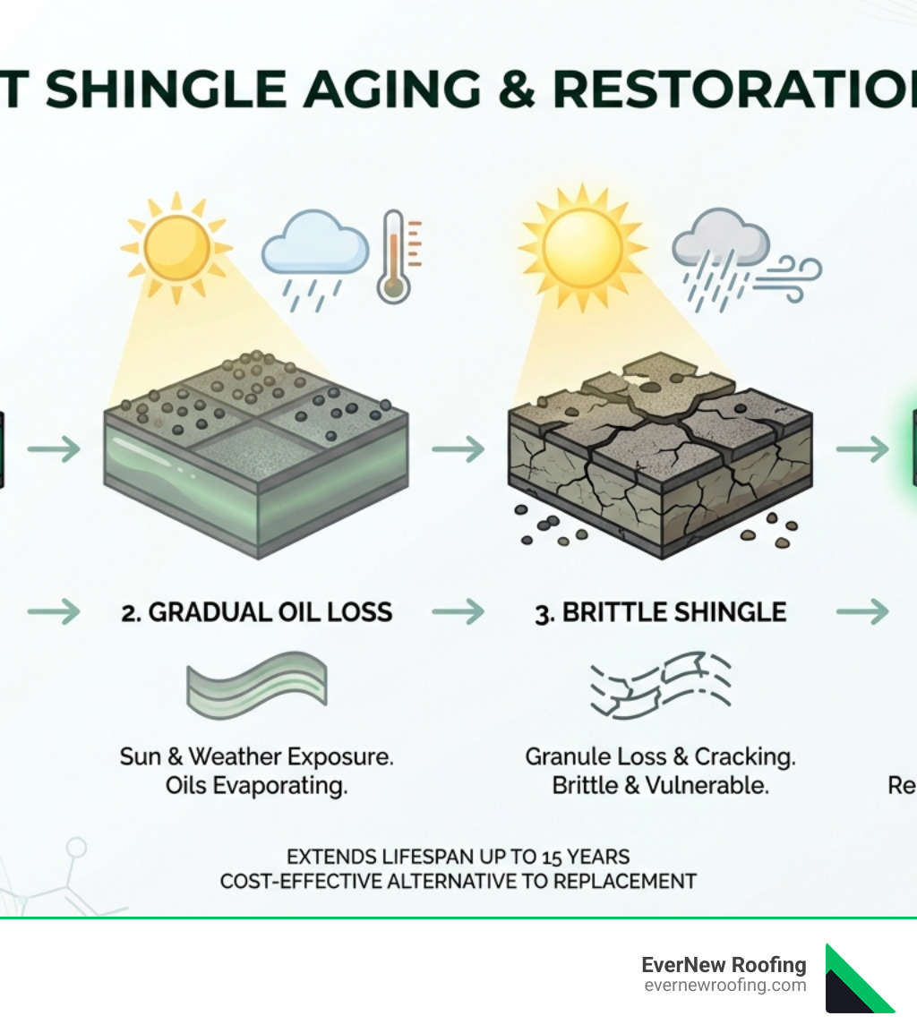 infographic showing the asphalt shingle aging process: healthy shingle with oils and flexibility, gradual oil loss from sun and weather exposure, brittle shingle with granule loss and cracking, and restored shingle after conditioner treatment - Asphalt shingle conditioner infographic 