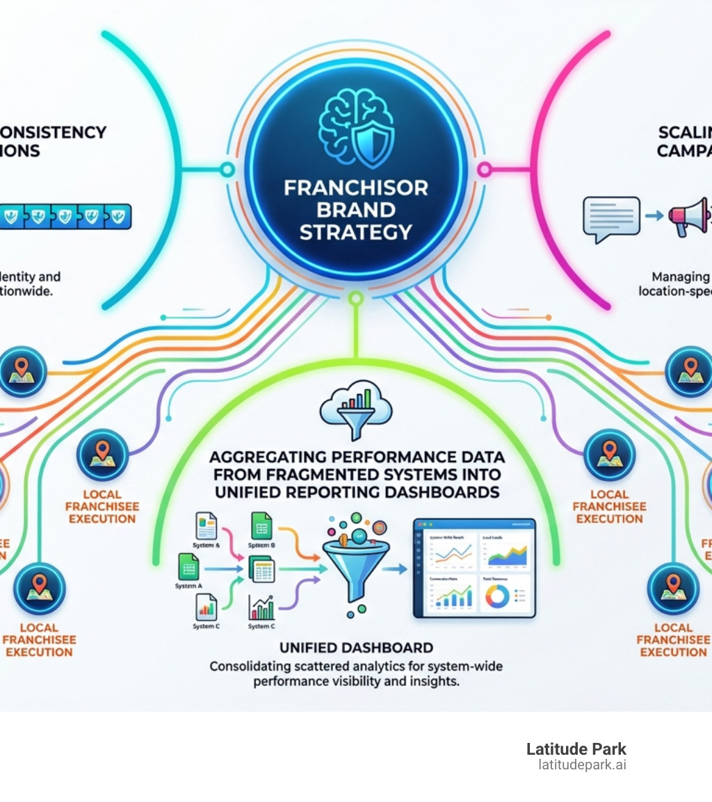 Infographic showing the core challenges of franchise digital marketing: a central hub labeled 'Franchisor Brand Strategy' connected to multiple nodes labeled 'Local Franchisee Execution,' with three key challenge areas highlighted—maintaining brand consistency across locations, scaling personalized campaigns efficiently, and aggregating performance data from fragmented systems into unified reporting dashboards - digital marketing agency for franchises infographic 