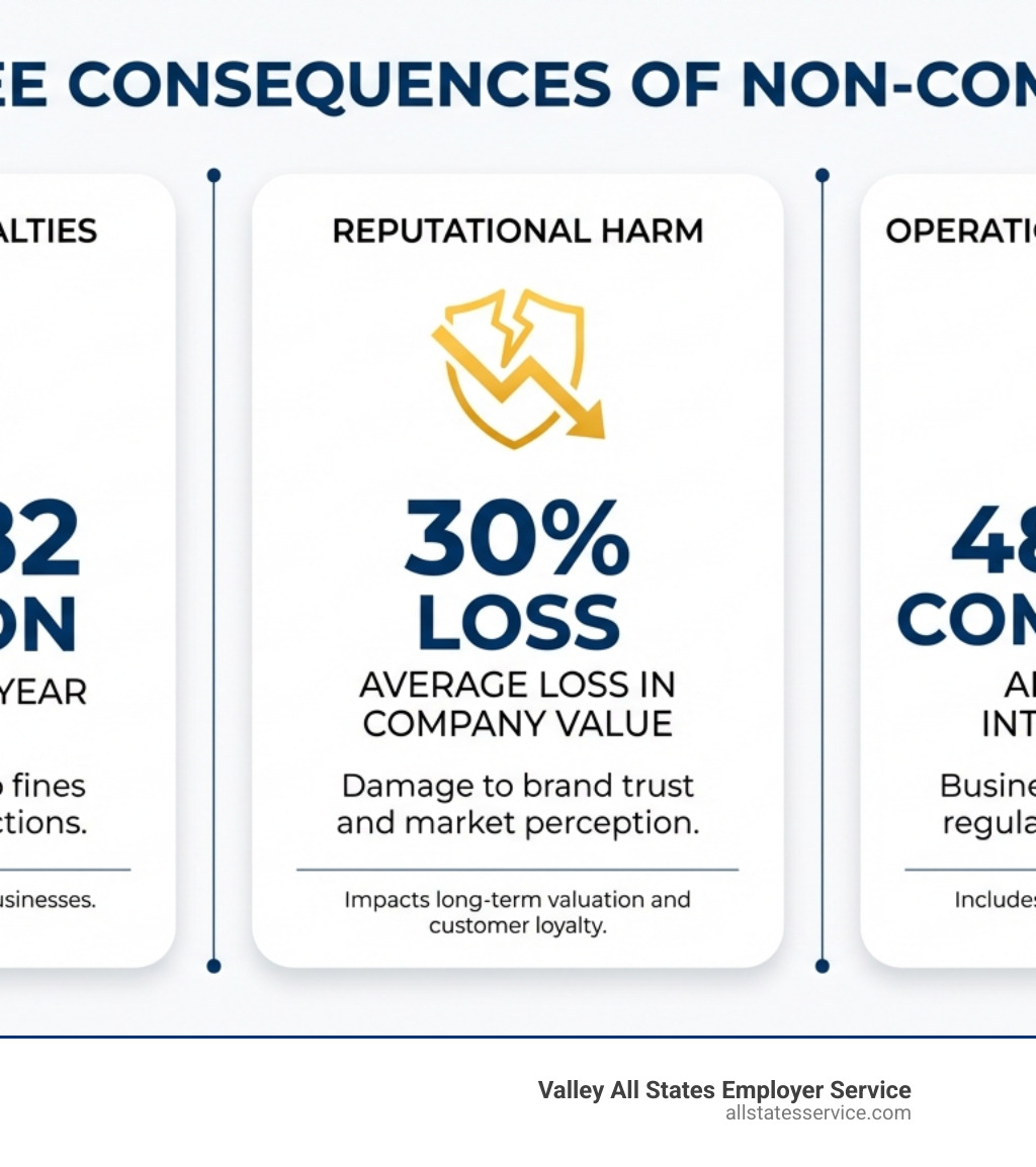 Infographic showing the top three consequences of non-compliance: financial penalties averaging $14.82 million per year, reputational harm with 30% average loss in company value, and operational disruptions including business interruptions and regulatory proceedings affecting 48% of companies - Reduce compliance risk infographic 