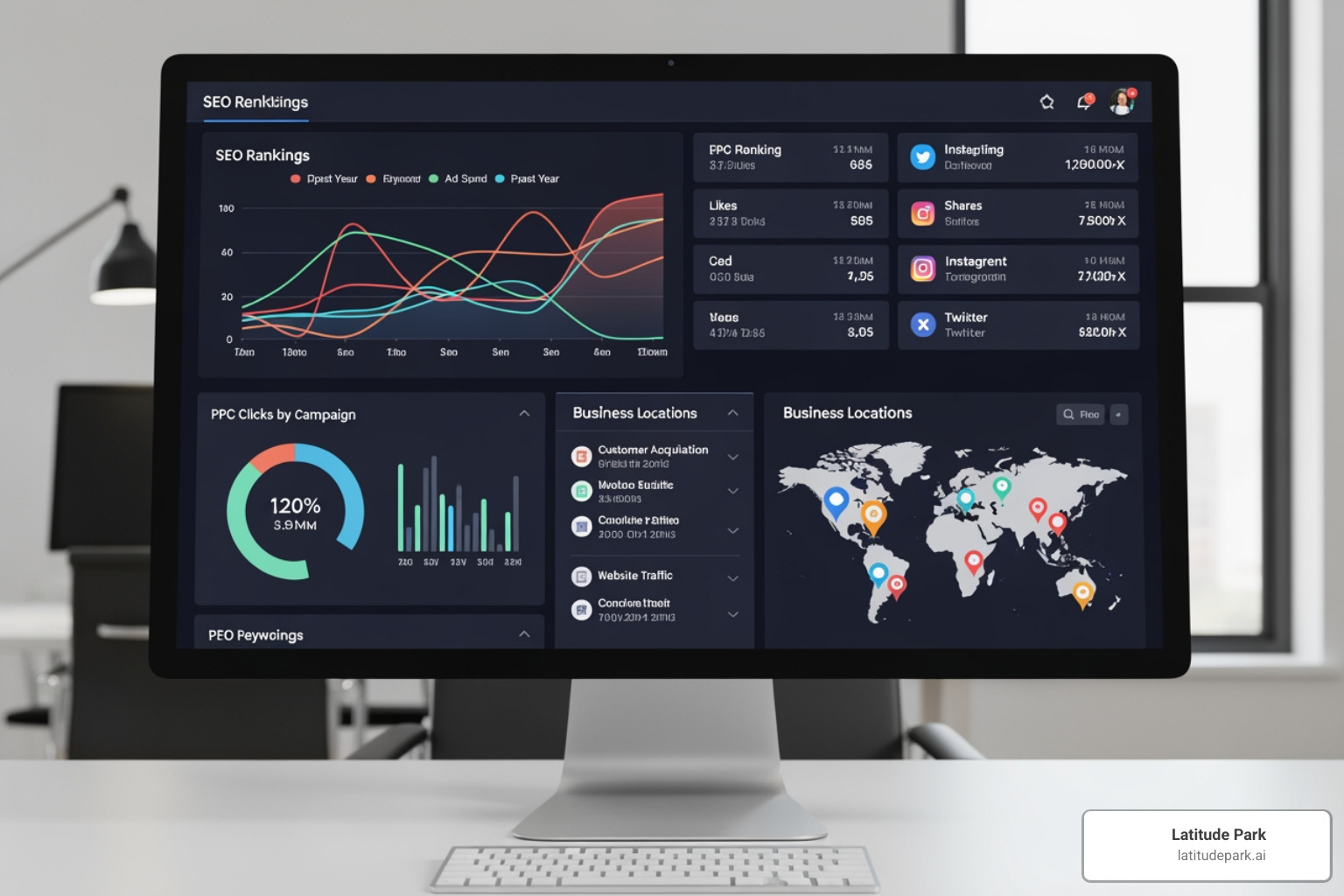 A digital marketing dashboard displaying key metrics for multiple franchise locations, including SEO rankings, PPC clicks, and social media engagement. - digital marketing agency for franchises