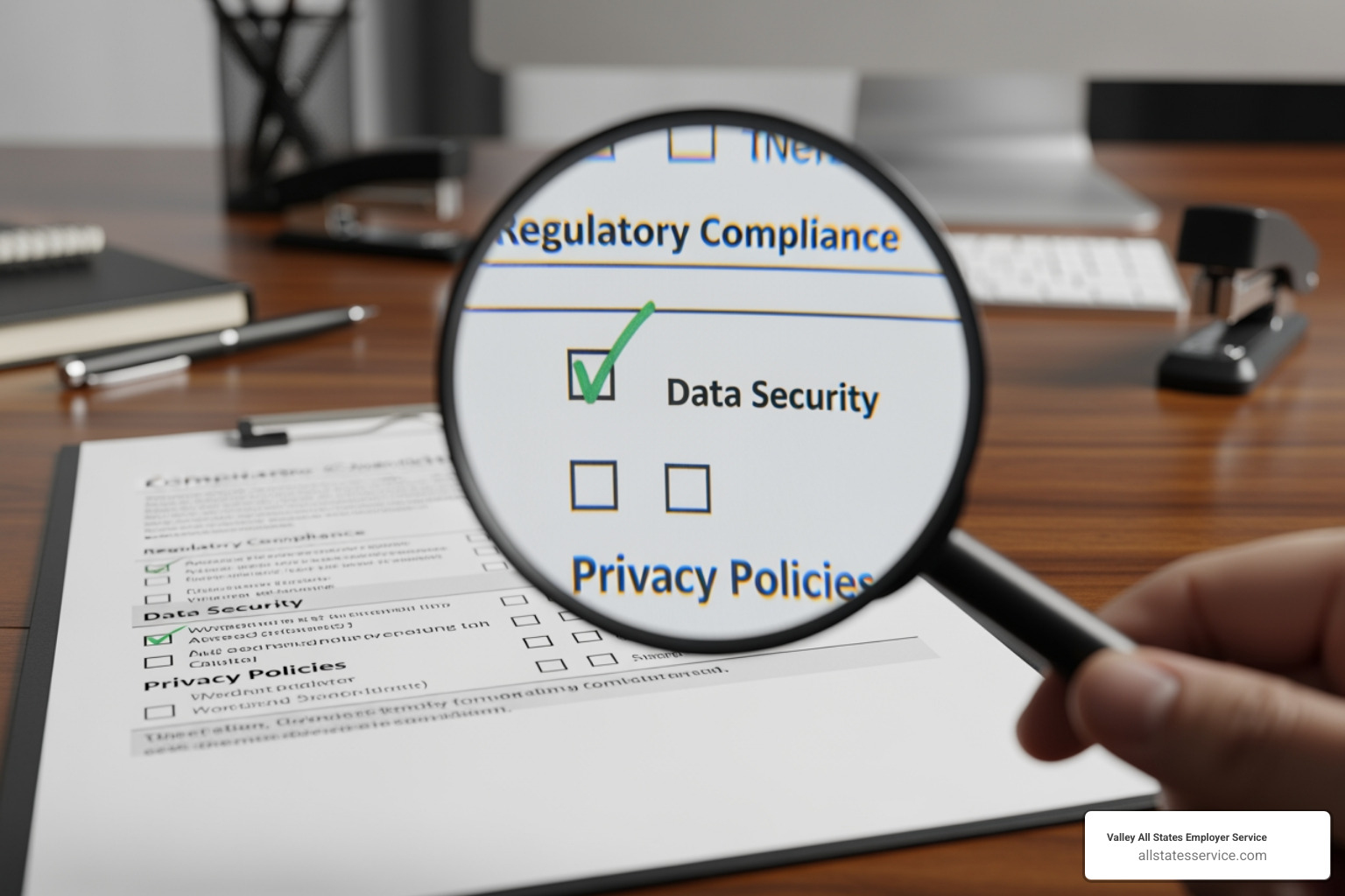 magnifying glass over a compliance checklist - Reduce compliance risk