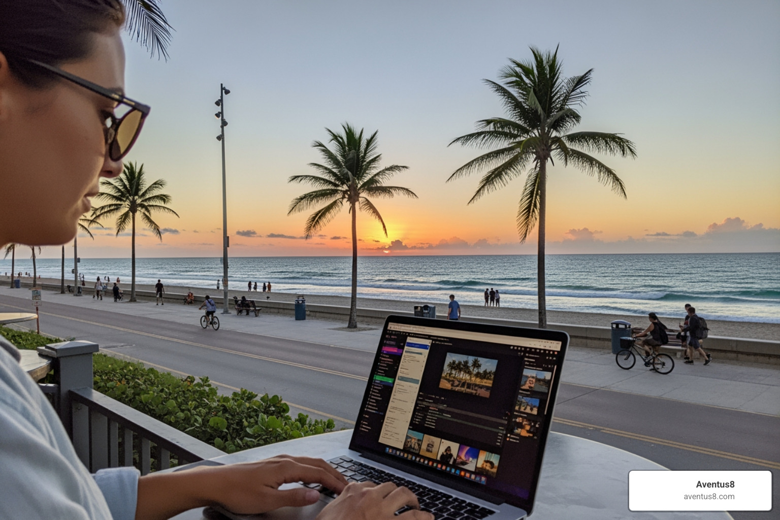 person creating content on a laptop with a view of the Hollywood, FL shoreline - best cannabis affiliate person creating content on a laptop with a view of the Hollywood, FL shoreline - best cannabis affiliate