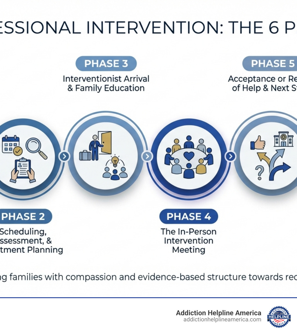 Infographic showing the 6 phases of a professional intervention: Phase 1 - Initial inquiry and family consultation, Phase 2 - Scheduling, assessment, and treatment planning, Phase 3 - Interventionist arrival and family education, Phase 4 - The in-person intervention meeting, Phase 5 - Acceptance or refusal of help and next steps, Phase 6 - Continued support and family recovery coaching - drug interventionist infographic 