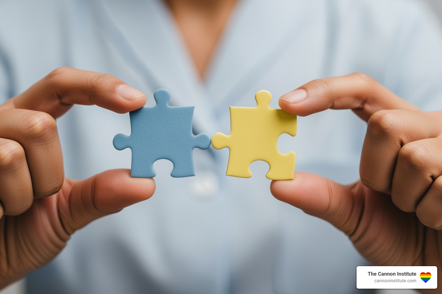 therapist's hands holding two separate puzzle pieces and bringing them together - Affair recovery counseling