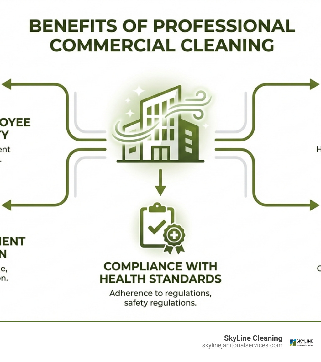 infographic showing benefits of professional commercial cleaning including improved employee productivity, reduced sick days, enhanced client perception, better air quality, and compliance with health standards - commercial cleaning arlington heights il infographic 