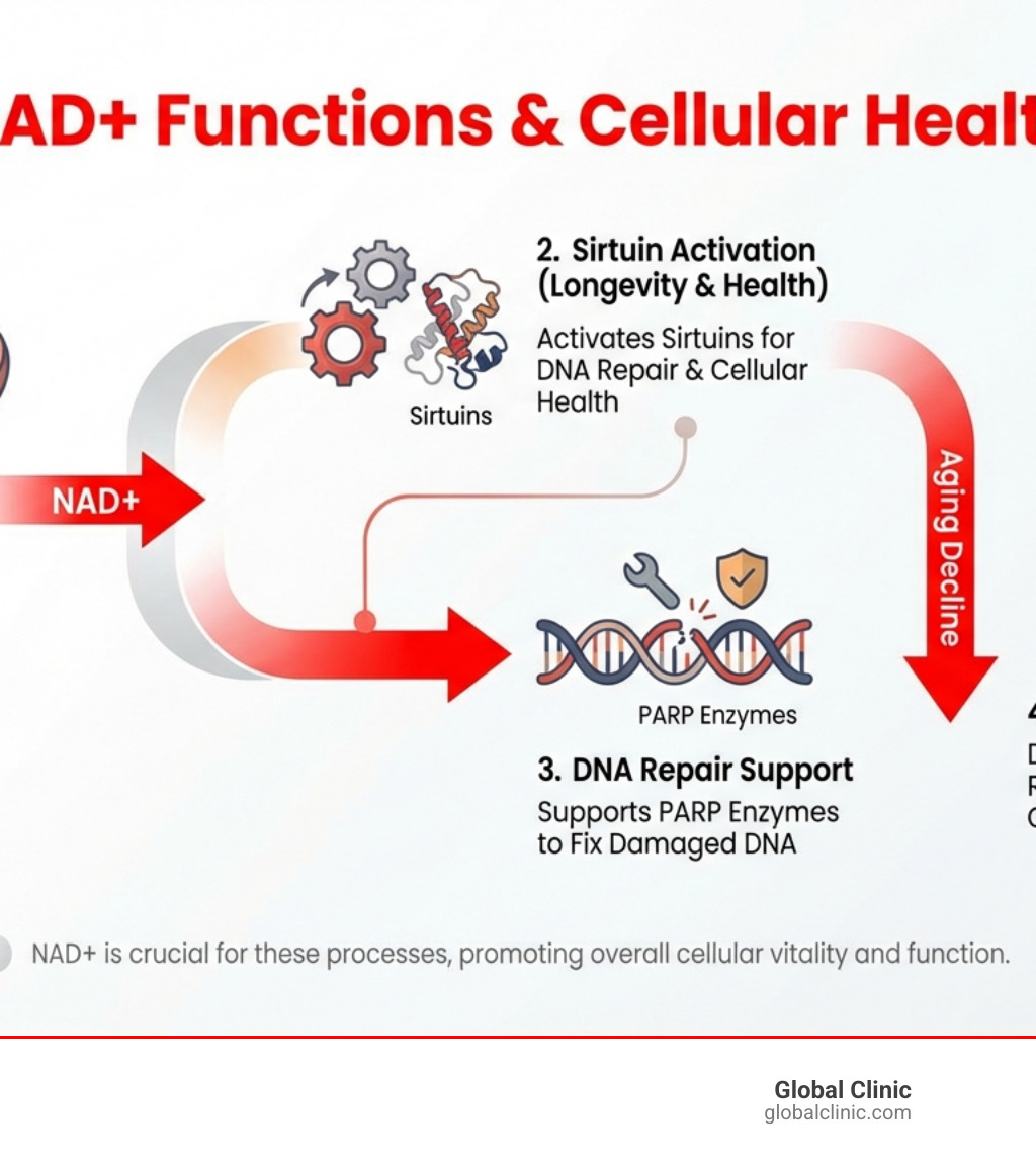 Infographic showing NAD+ functions: converts food into cellular energy (ATP) in mitochondria, activates sirtuins for DNA repair and cellular health, supports PARP enzymes for fixing damaged DNA, declines naturally with age leading to reduced energy and increased cellular damage - NAD Therapy infographic Infographic showing NAD+ functions: converts food into cellular energy (ATP) in mitochondria, activates sirtuins for DNA repair and cellular health, supports PARP enzymes for fixing damaged DNA, declines naturally with age leading to reduced energy and increased cellular damage - NAD Therapy infographic