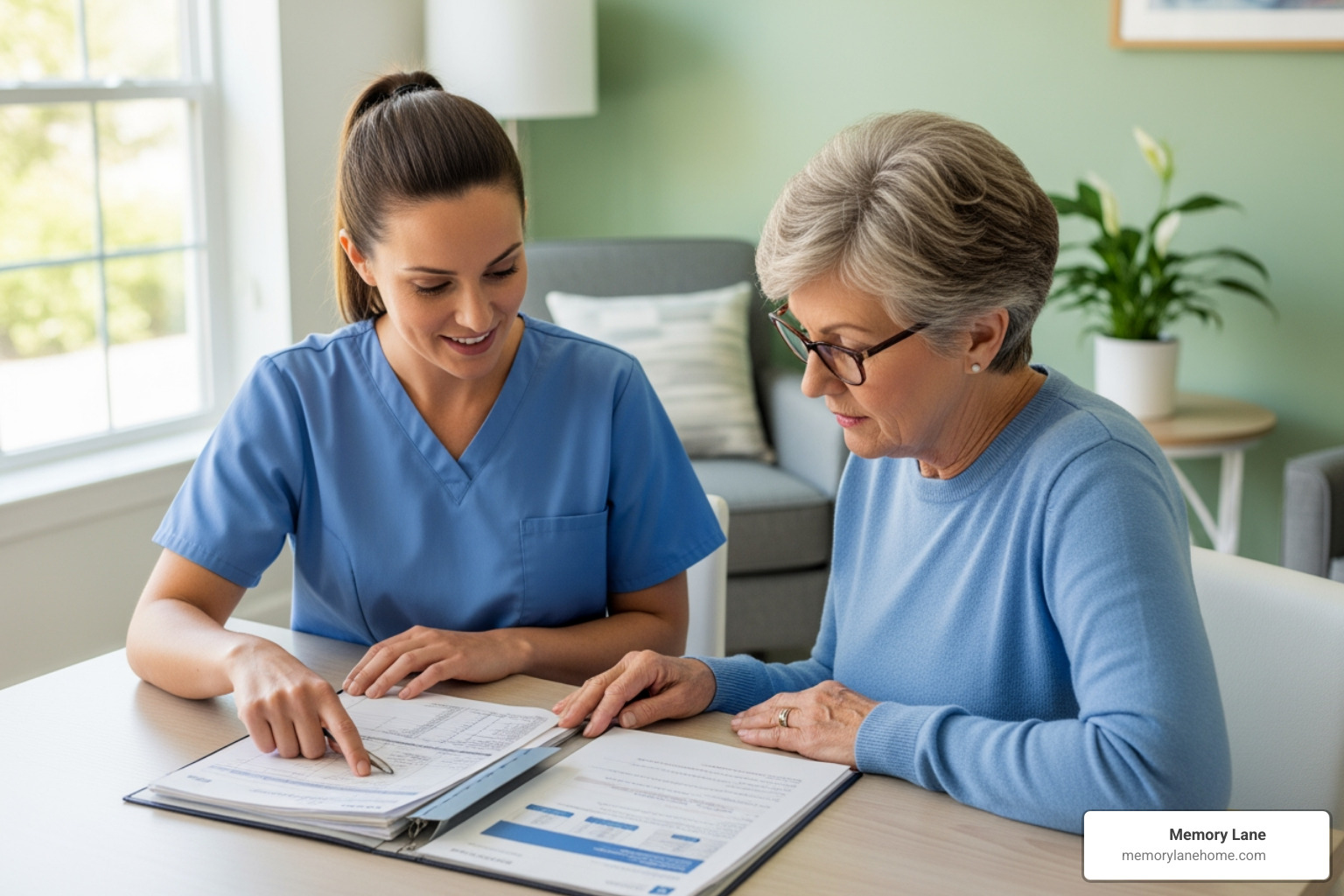 a nurse and a family member reviewing a chart together in a bright, welcoming room - care plan for dementia patient in nursing home a nurse and a family member reviewing a chart together in a bright, welcoming room - care plan for dementia patient in nursing home