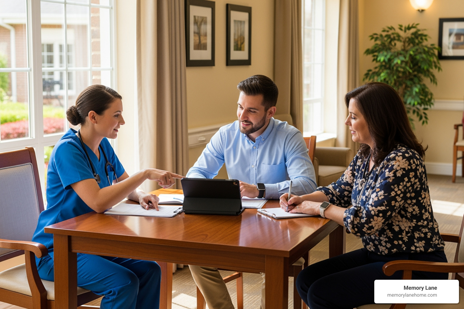 a diverse care team (nurse, therapist, activity coordinator) collaborating around a table - care plan for dementia patient in nursing home a diverse care team (nurse, therapist, activity coordinator) collaborating around a table - care plan for dementia patient in nursing home