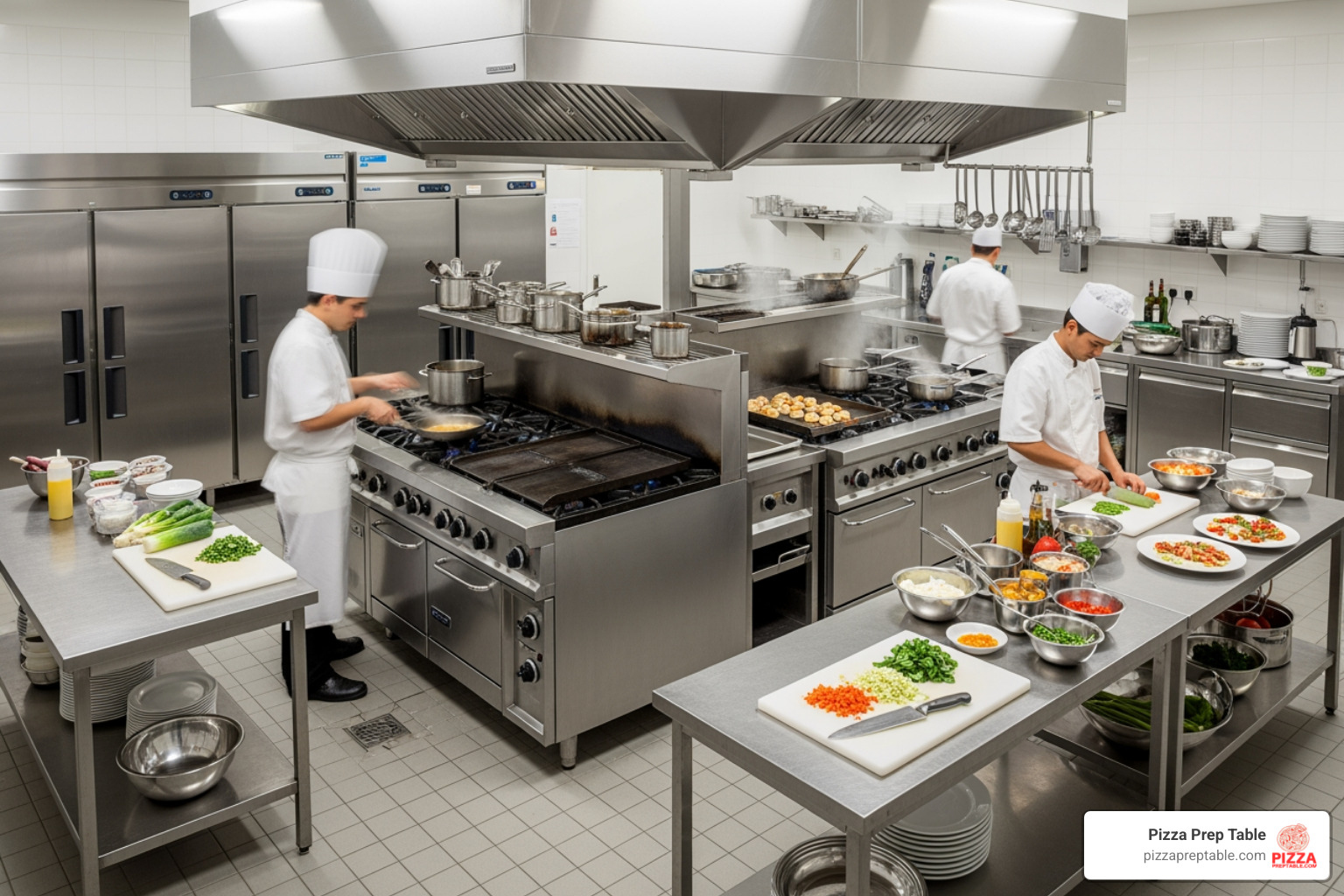 Commercial kitchen equipment like ranges, refrigerators, and prep tables - restaurant supply store Atlanta