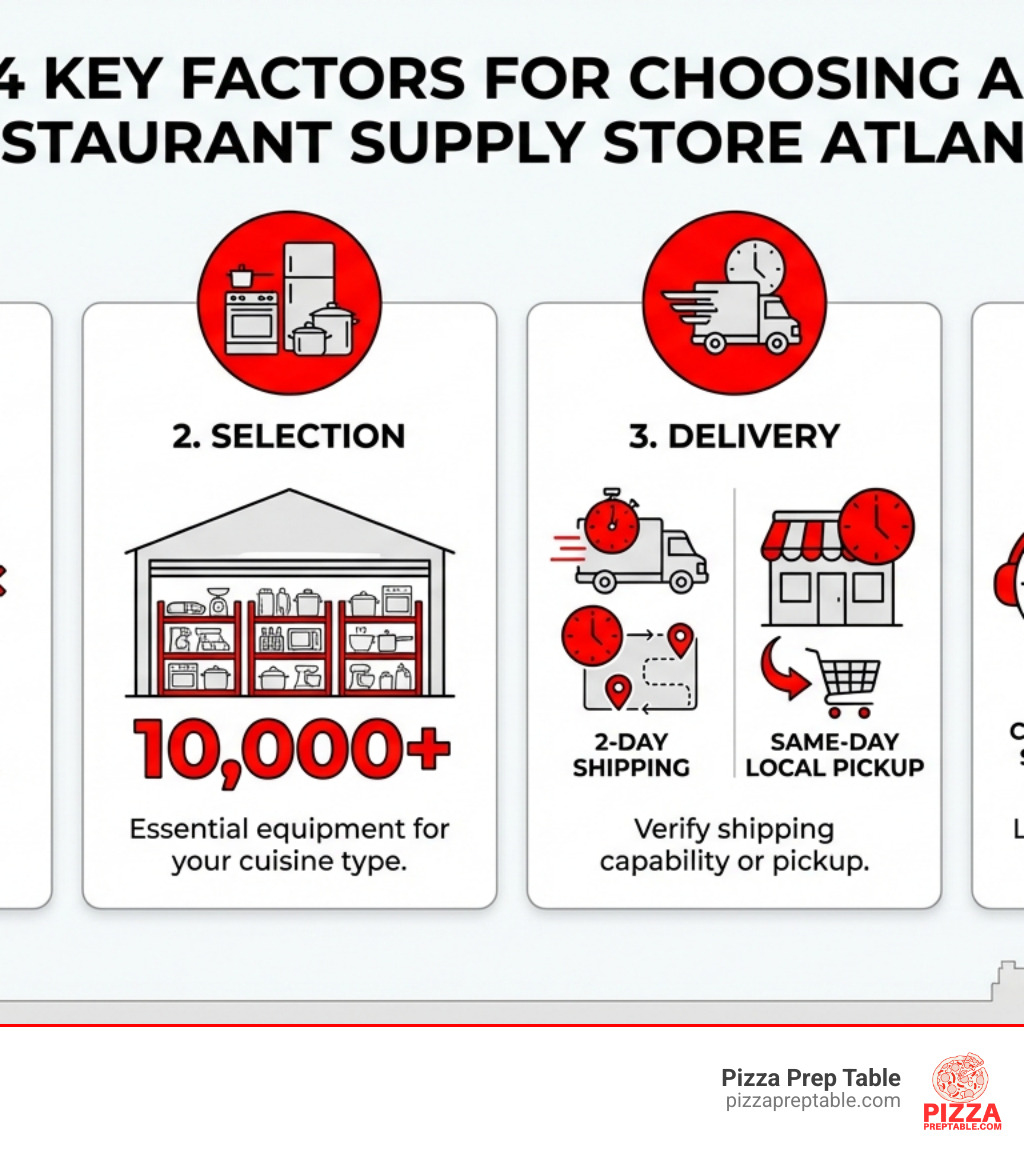 Infographic showing 4 key factors for choosing a restaurant supply store Atlanta: 1) Price - Compare wholesale vs retail pricing and look for bulk discounts, 2) Selection - Ensure they stock essential equipment for your cuisine type with 10,000+ items available, 3) Delivery - Verify 2-day shipping capability or same-day local pickup options, 4) Service - Look for 24/7 customer support and expert installation guidance - restaurant supply store Atlanta infographic 
