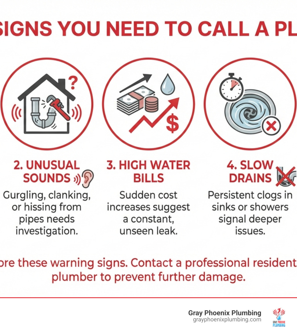 infographic showing top 5 signs you need to call a plumber including water stains unusual sounds high water bills slow drains and low water pressure - residential plumber denver infographic infographic showing top 5 signs you need to call a plumber including water stains unusual sounds high water bills slow drains and low water pressure - residential plumber denver infographic