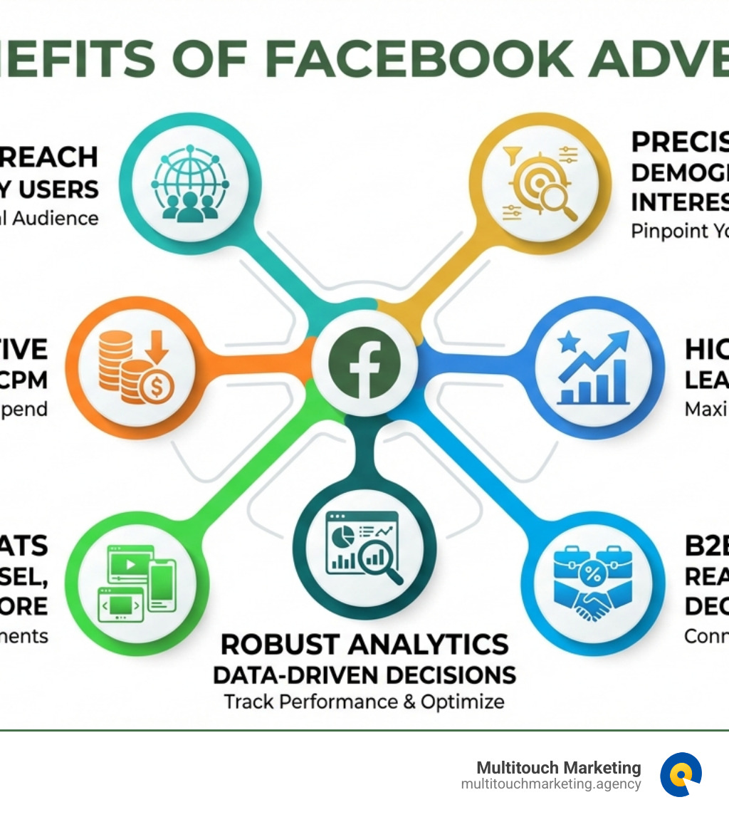 Infographic showing the key benefits of Facebook advertising: 3 billion monthly users providing massive reach, precise targeting by demographics and interests and behaviors, cost-effective advertising with average $0.97 CPC and $7.19 CPM, highest ROI among paid channels, diverse ad formats including video carousel and stories, robust analytics for data-driven decisions, and ability to reach 49% of B2B decision-makers who use Facebook for research - Facebook advertising agency infographic Infographic showing the key benefits of Facebook advertising: 3 billion monthly users providing massive reach, precise targeting by demographics and interests and behaviors, cost-effective advertising with average $0.97 CPC and $7.19 CPM, highest ROI among paid channels, diverse ad formats including video carousel and stories, robust analytics for data-driven decisions, and ability to reach 49% of B2B decision-makers who use Facebook for research - Facebook advertising agency infographic
