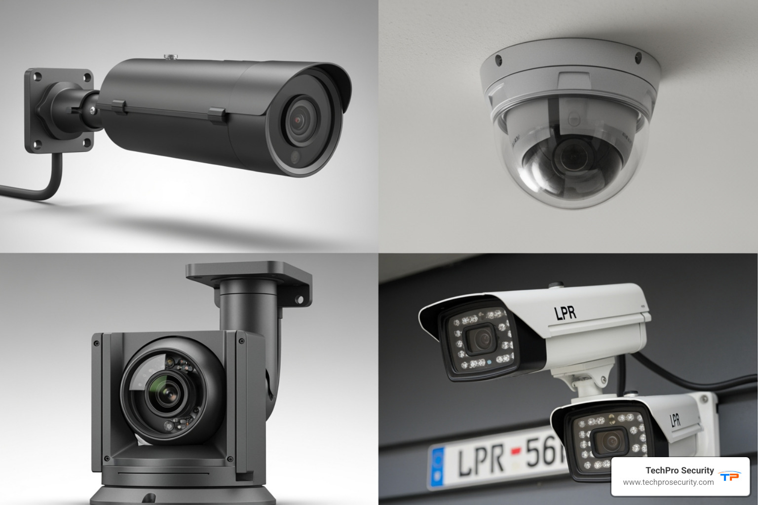A collage of different security camera types including a bullet camera, a dome camera, a PTZ camera, and an LPR camera - security cameras for gated community