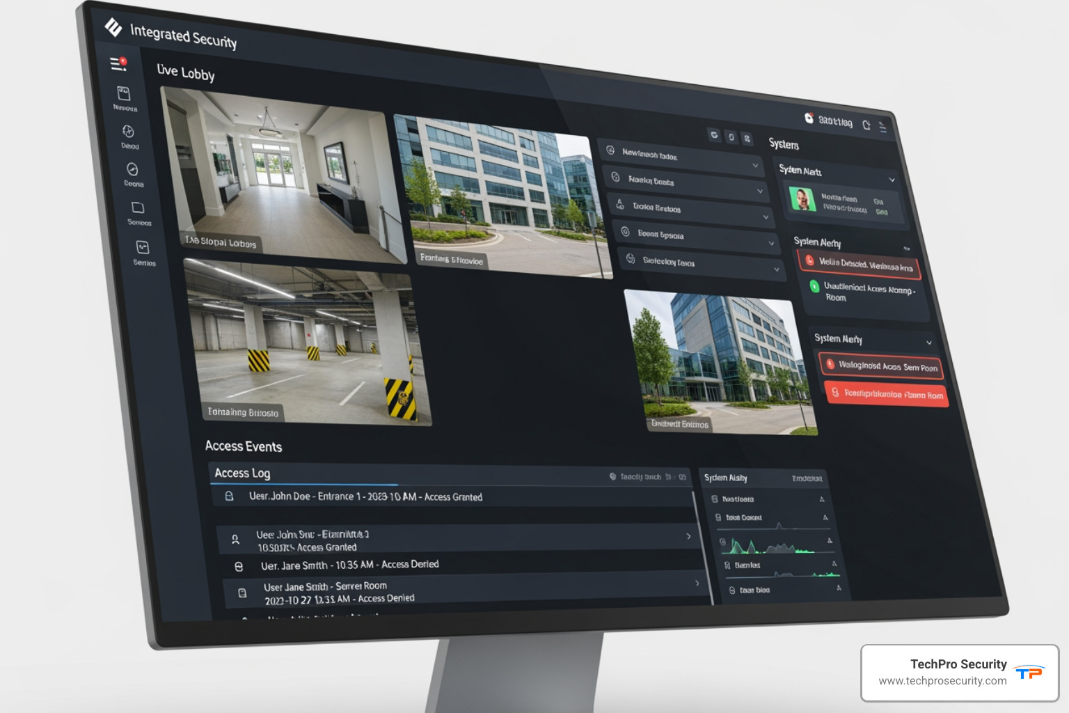 A screen displaying an integrated security dashboard with multiple camera feeds, access logs, and system alerts - security cameras for gated community