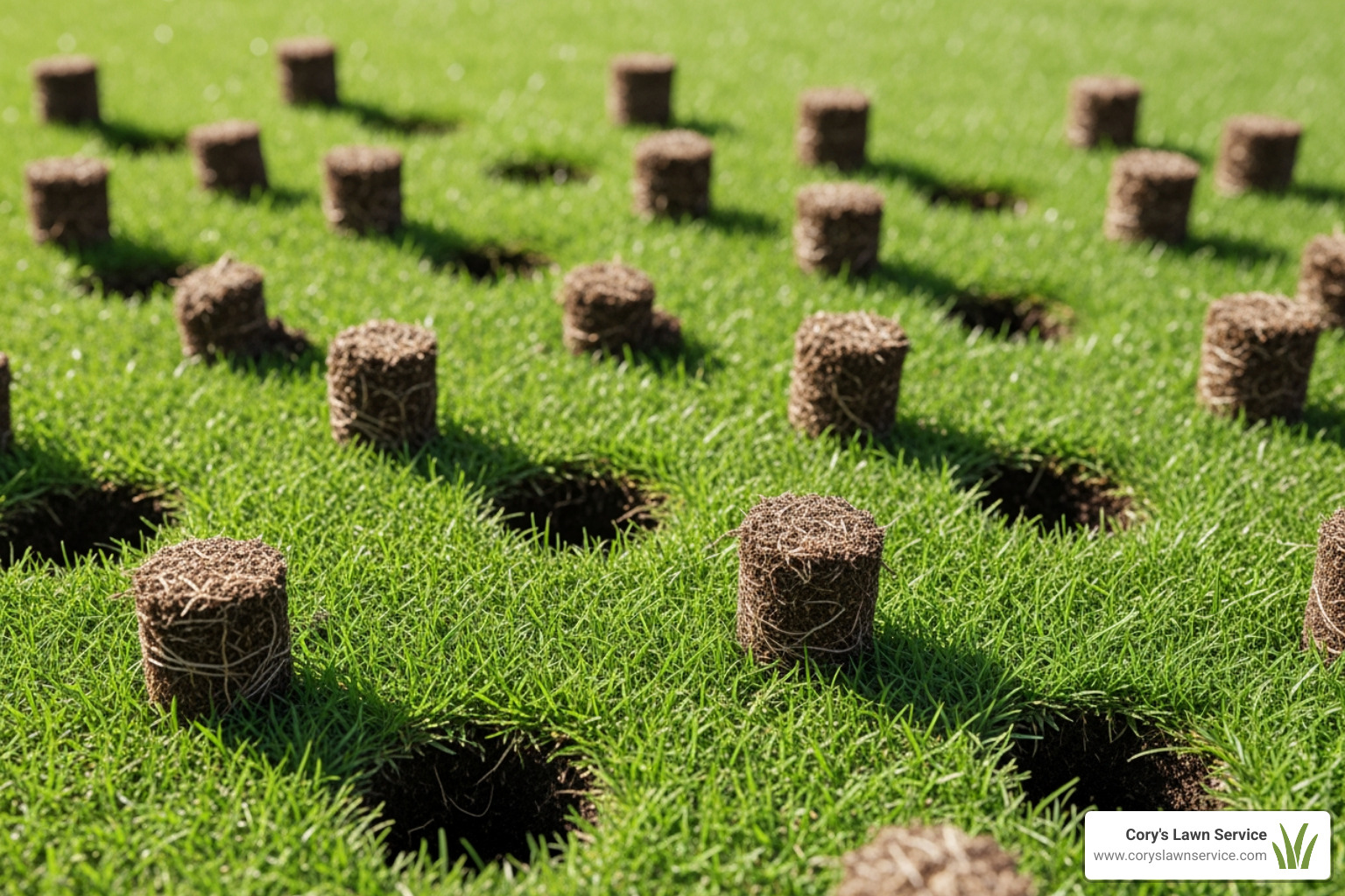 soil plugs lying on a lawn after aeration - Core aeration benefits