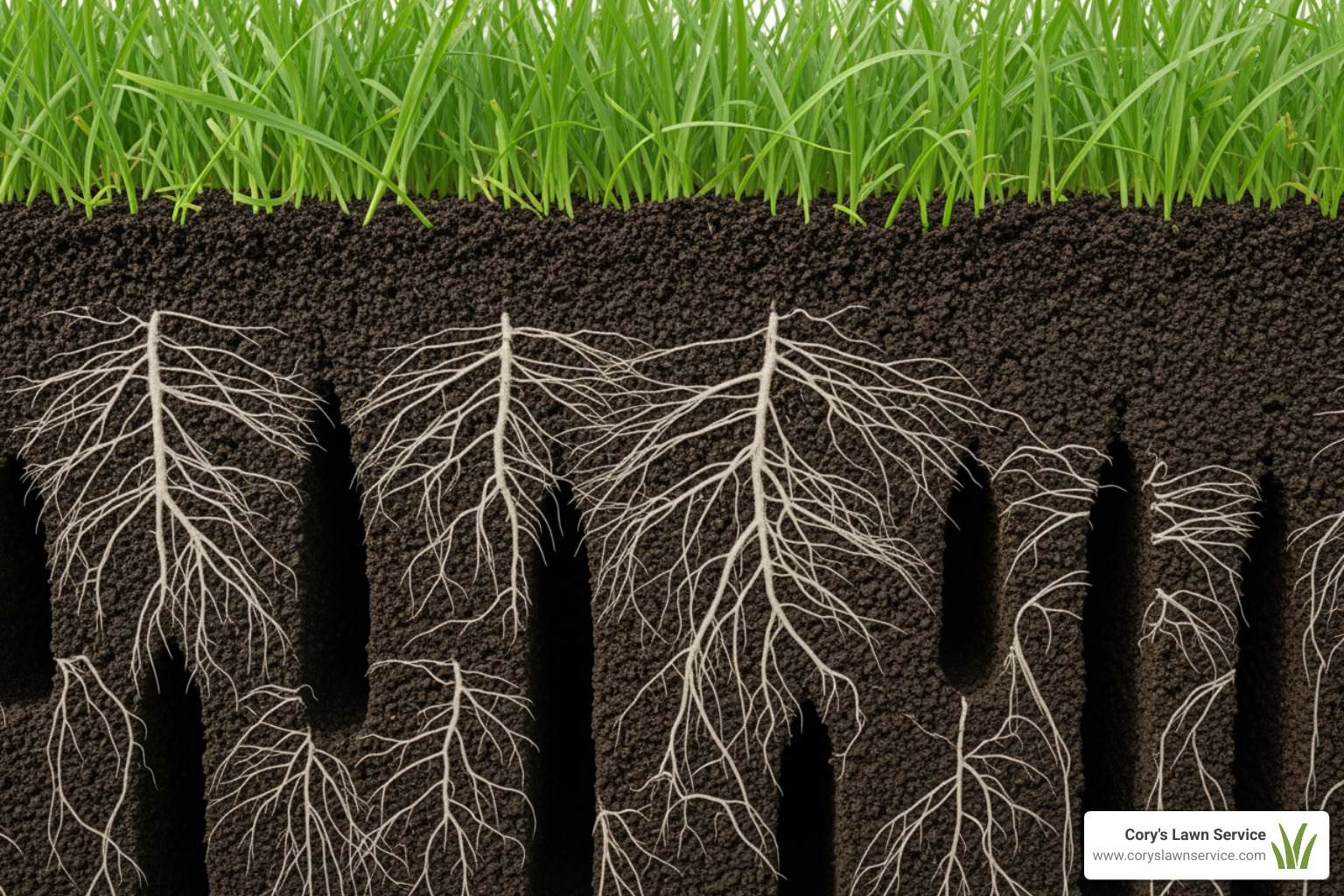 grass roots growing deeper into aerated soil - Core aeration benefits