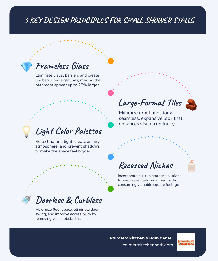 infographic showing five key design principles for small bathroom showers: use frameless glass doors to eliminate visual barriers, install large-format tiles to reduce grout lines and create continuity, choose light neutral colors to reflect natural light, incorporate recessed niches for clutter-free storage, and opt for doorless or curbless designs to maximize floor space and improve accessibility - shower stall designs small bathrooms infographic infographic-line-5-steps-blues-accent_colors