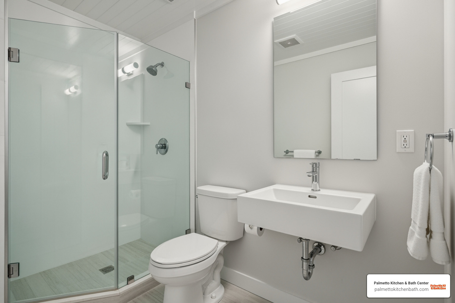 small bathroom with frameless glass shower and light-colored walls - shower stall designs small bathrooms