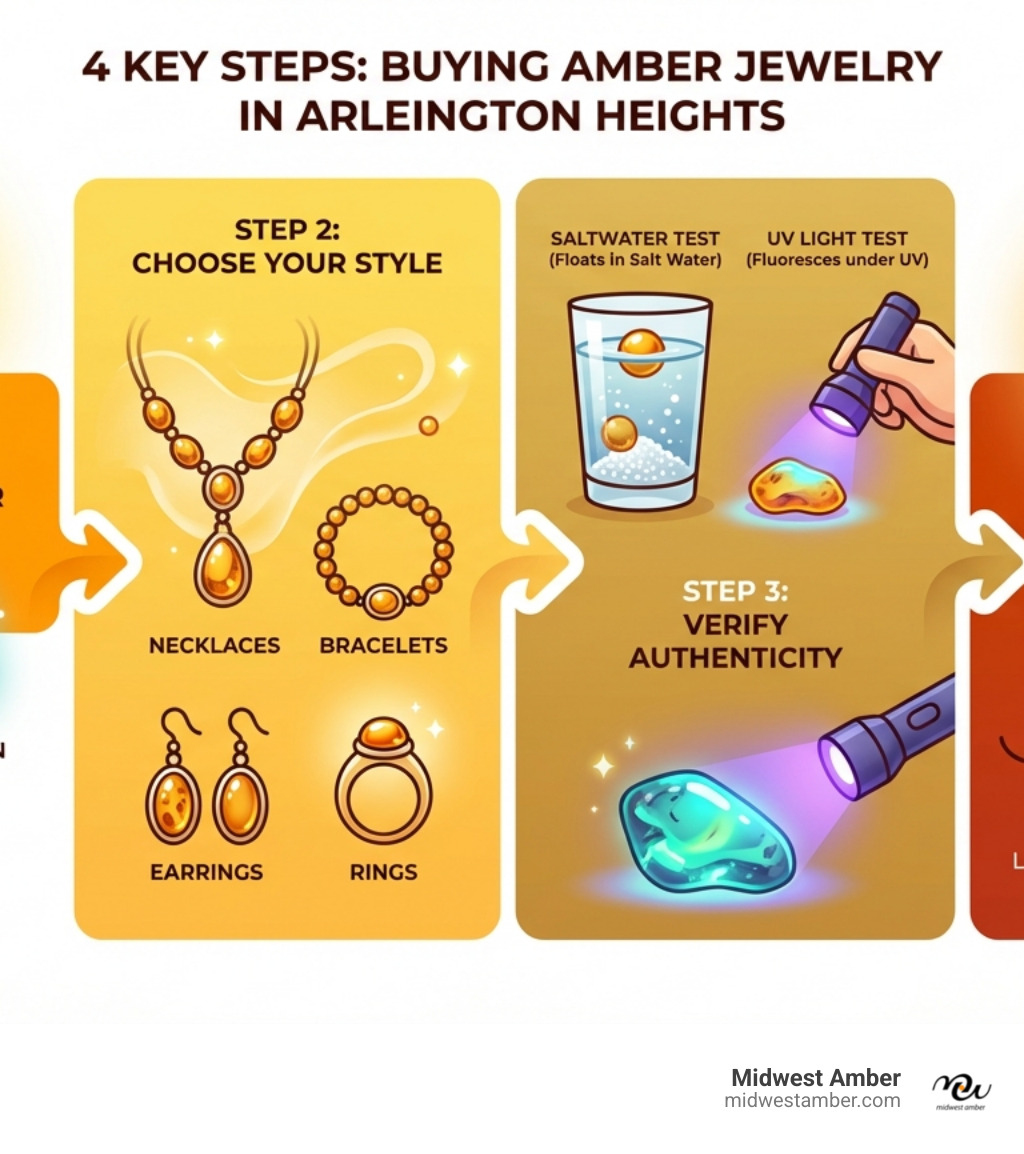 Infographic showing 4 key steps to buying amber jewelry in Arlington Heights: Step 1 - Understand amber types and colors (Baltic, Dominican, Mexican), Step 2 - Choose your style (necklaces, bracelets, earrings, rings), Step 3 - Verify authenticity using saltwater test and UV light, Step 4 - Select a reputable retailer offering certified Baltic amber with price range $24-$620+ - amber jewelry Arlington Heights infographic 