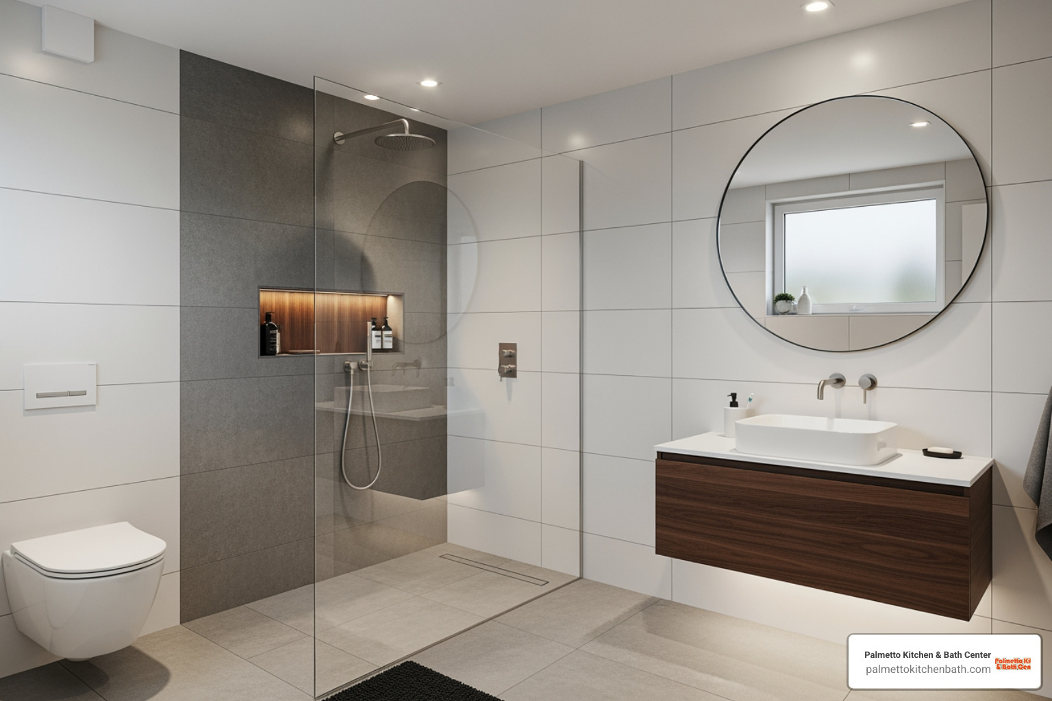 curbless walk-in shower in a compact bathroom layout - shower stall designs small bathrooms