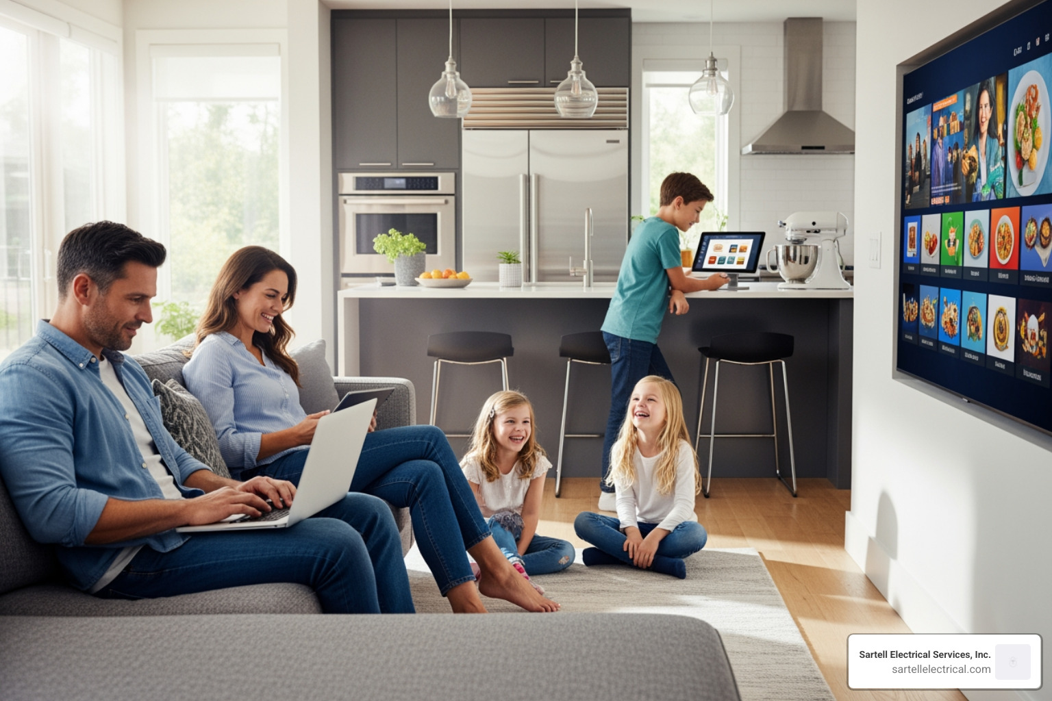 family using modern electronics and appliances - Electrical Service Upgrades family using modern electronics and appliances - Electrical Service Upgrades