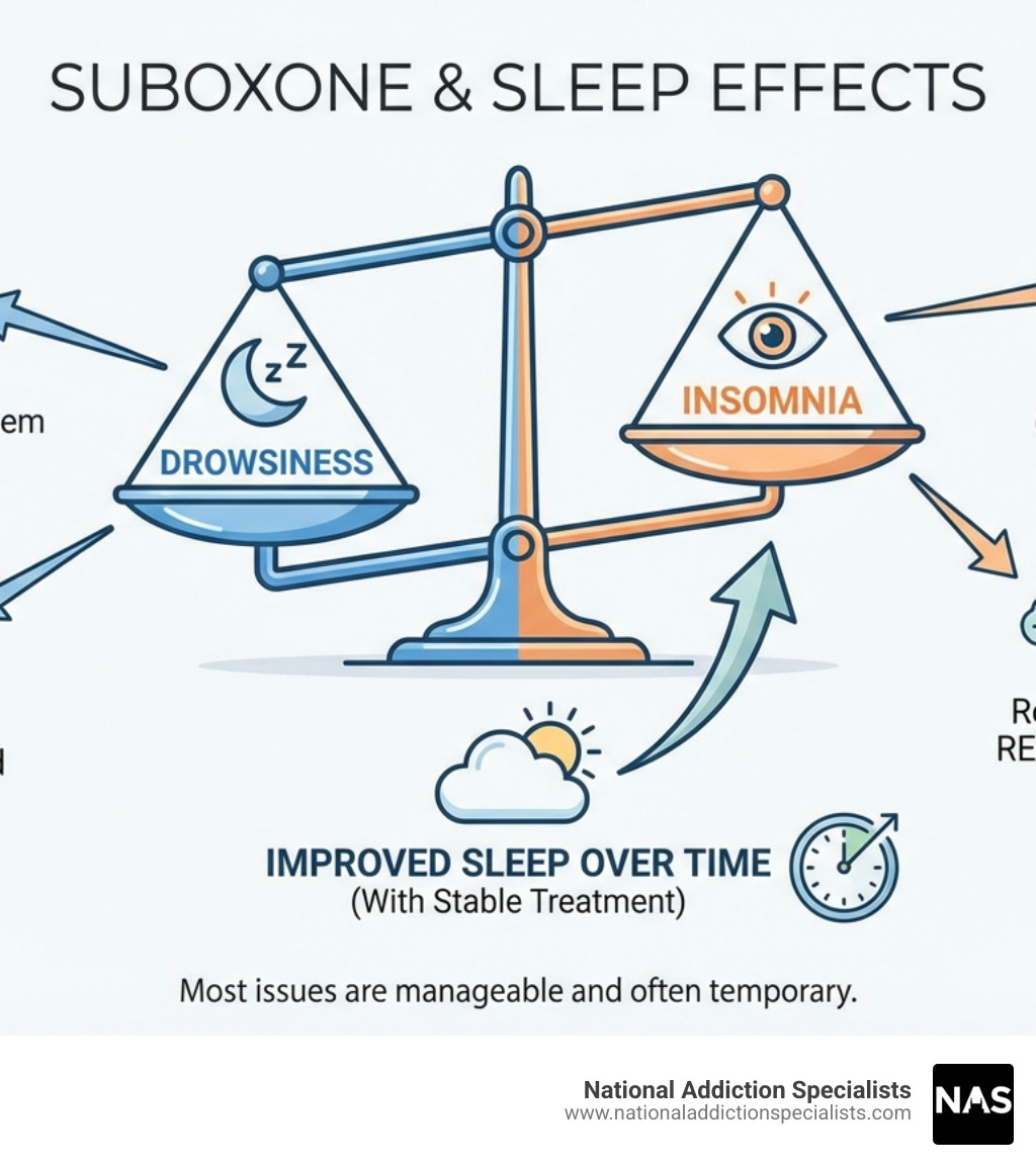 Infographic showing how Suboxone affects sleep: depicting a scale with "drowsiness" on one side and "insomnia" on the other, with arrows pointing to specific effects like reduced REM sleep, decreased adenosine, temporary adjustment period, and improved sleep over time - suboxone and sleep infographic 