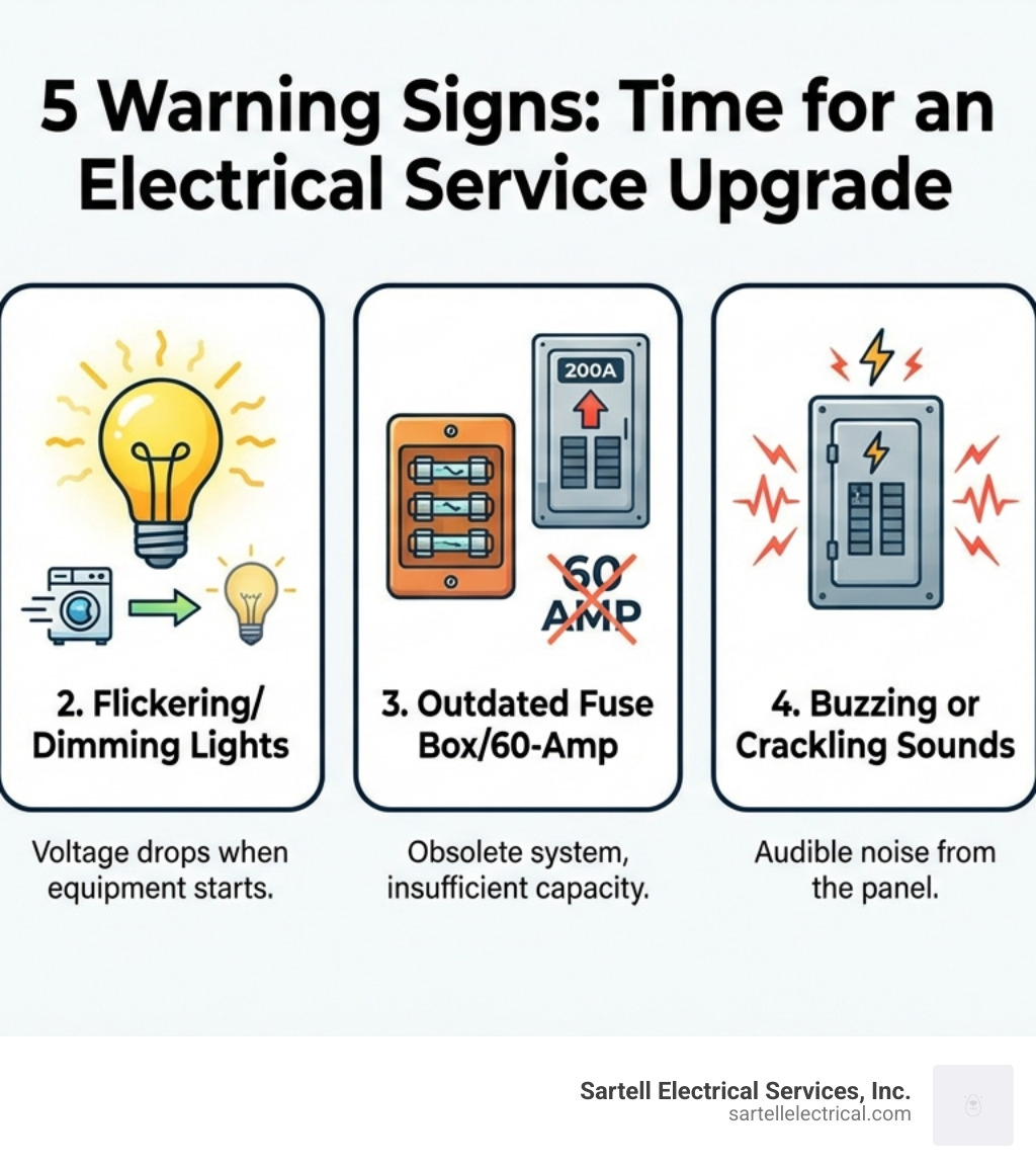 infographic showing five key warning signs that indicate a property needs an electrical service upgrade: frequent circuit breaker trips, flickering or dimming lights when equipment starts, presence of an outdated fuse box or 60-amp service, buzzing or crackling sounds from the electrical panel, and planning to add high-power equipment like EV chargers or industrial machinery - Electrical Service Upgrades infographic infographic showing five key warning signs that indicate a property needs an electrical service upgrade: frequent circuit breaker trips, flickering or dimming lights when equipment starts, presence of an outdated fuse box or 60-amp service, buzzing or crackling sounds from the electrical panel, and planning to add high-power equipment like EV chargers or industrial machinery - Electrical Service Upgrades infographic
