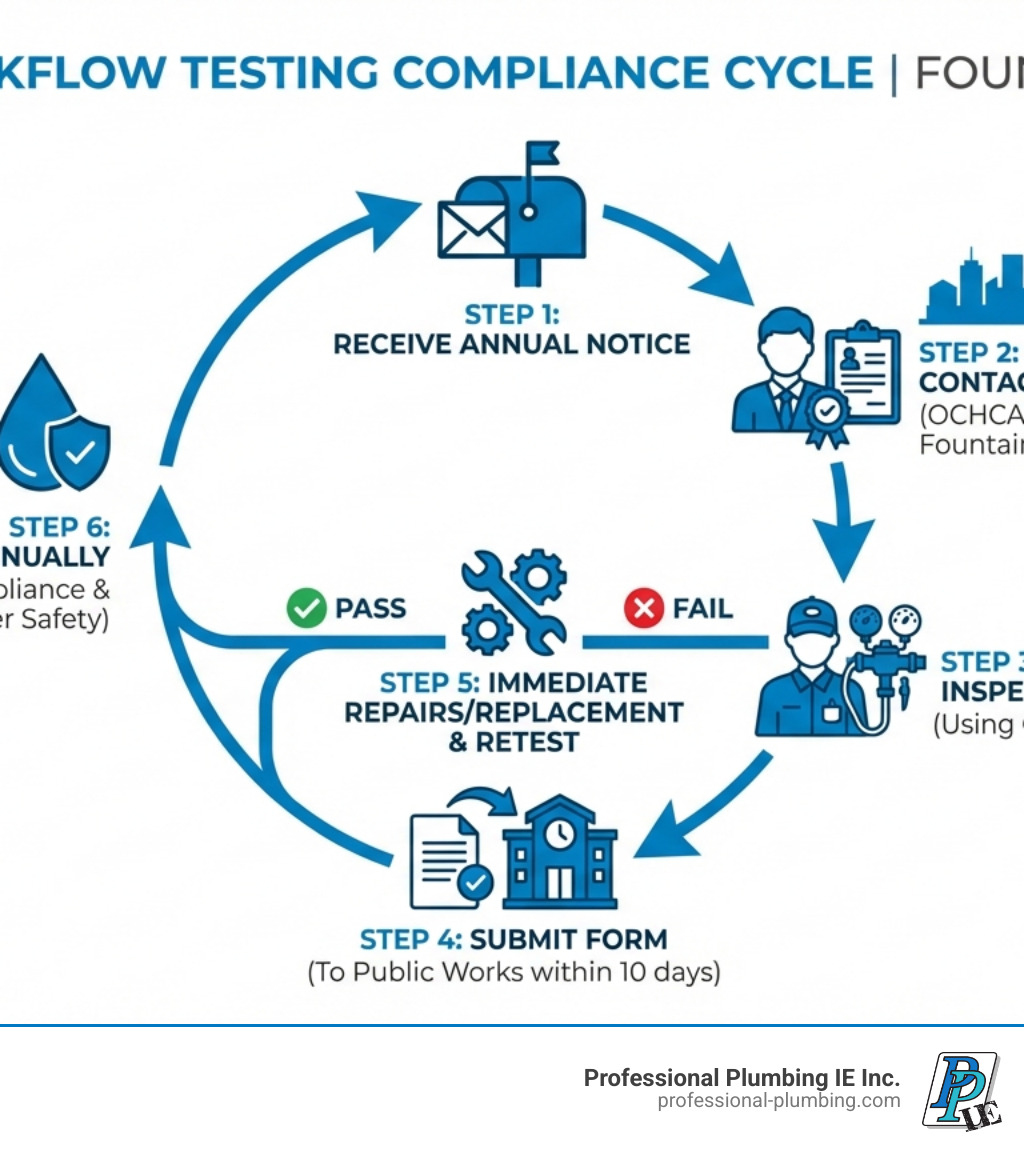 Infographic showing the annual backflow testing compliance cycle in Fountain Valley: Step 1 - Receive annual test notice from city in mail, Step 2 - Contact Orange County Health Care Agency certified tester with valid Fountain Valley business license, Step 3 - Tester inspects and tests backflow device using calibrated equipment, Step 4 - Completed test form submitted to Public Works within 10 days, showing pass or fail result, Step 5 - If failed repairs or replacement required immediately followed by retest, Step 6 - Process repeats annually to maintain compliance and water safety - Backflow testing Fountain Valley infographic Infographic showing the annual backflow testing compliance cycle in Fountain Valley: Step 1 - Receive annual test notice from city in mail, Step 2 - Contact Orange County Health Care Agency certified tester with valid Fountain Valley business license, Step 3 - Tester inspects and tests backflow device using calibrated equipment, Step 4 - Completed test form submitted to Public Works within 10 days, showing pass or fail result, Step 5 - If failed repairs or replacement required immediately followed by retest, Step 6 - Process repeats annually to maintain compliance and water safety - Backflow testing Fountain Valley infographic