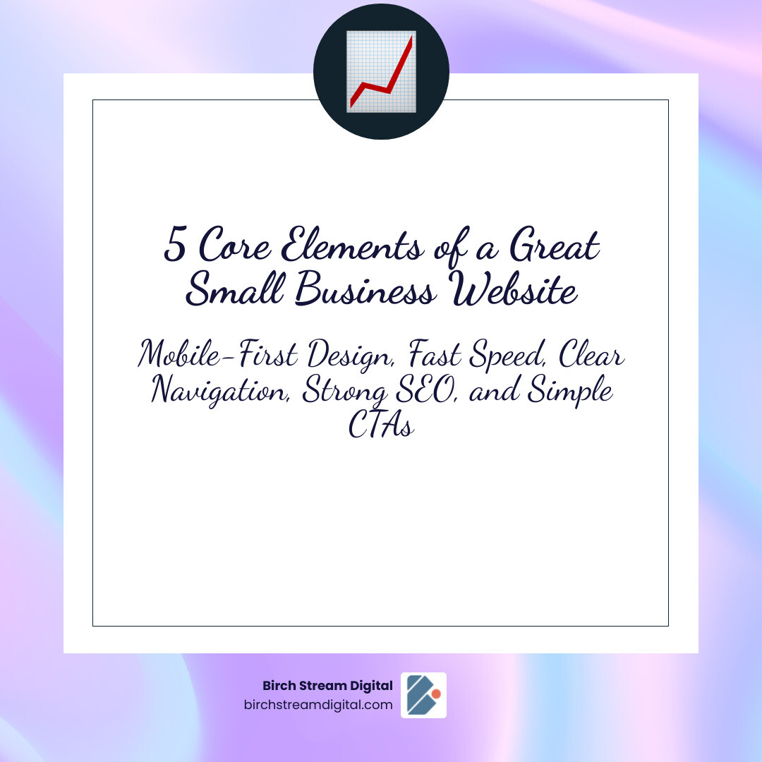 Infographic explaining the 5 core elements of a great website: Mobile-First Design, Fast Speed, Clear Navigation, Strong SEO, and Simple CTAs - web design services small business infographic simple-emoji-beauty