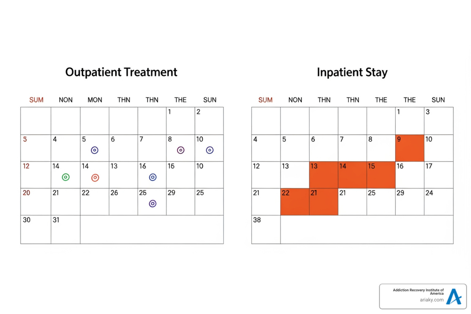 calendar showing flexible outpatient schedule vs blocked-out inpatient stay - outpatient rehab options