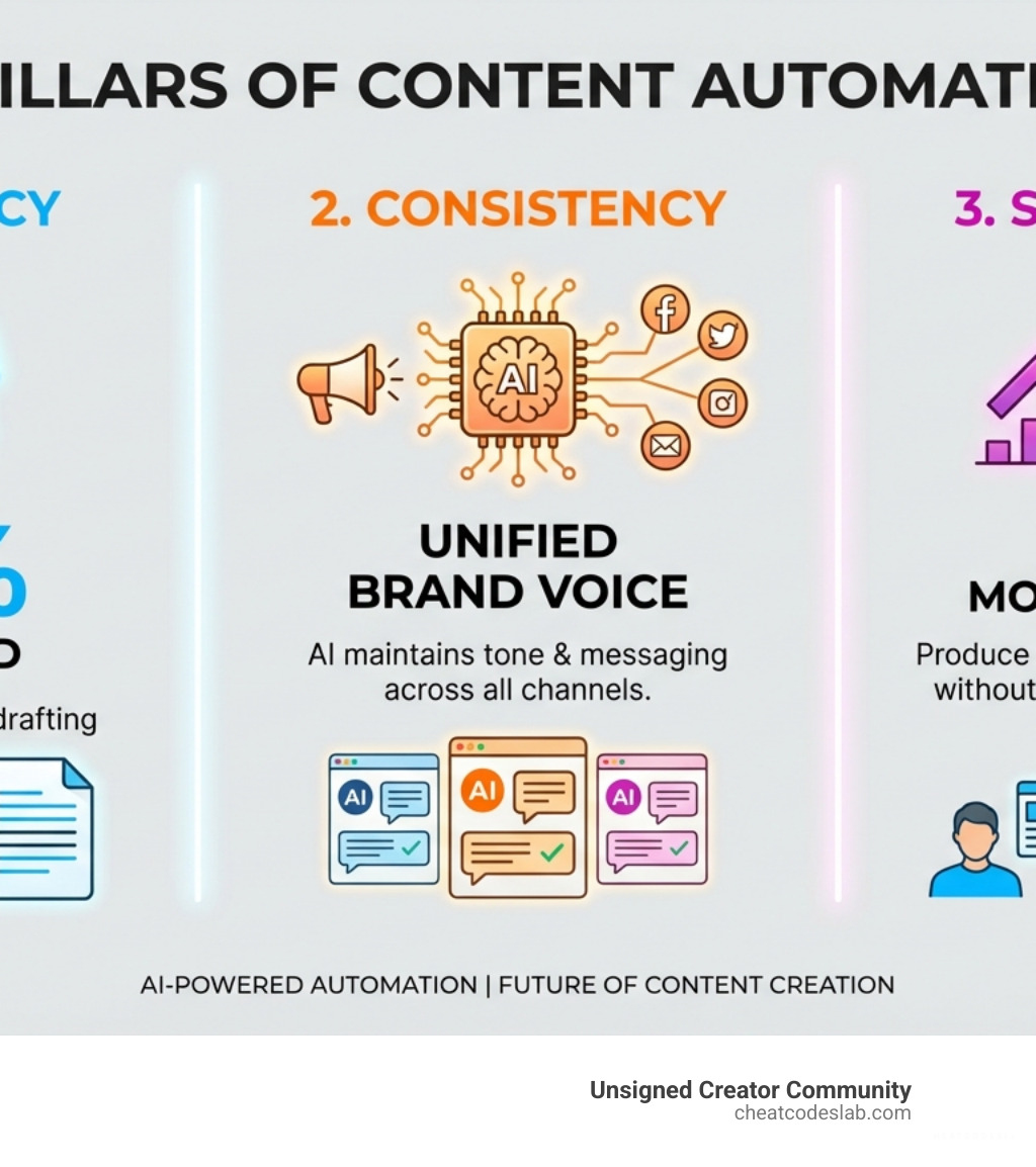 infographic showing three pillars of content automation: Efficiency (automated research and drafting saves 80% of time), Consistency (AI maintains brand voice across all channels), and Scalability (produce 3-5x more content without adding team members) - automate content creation infographic 
