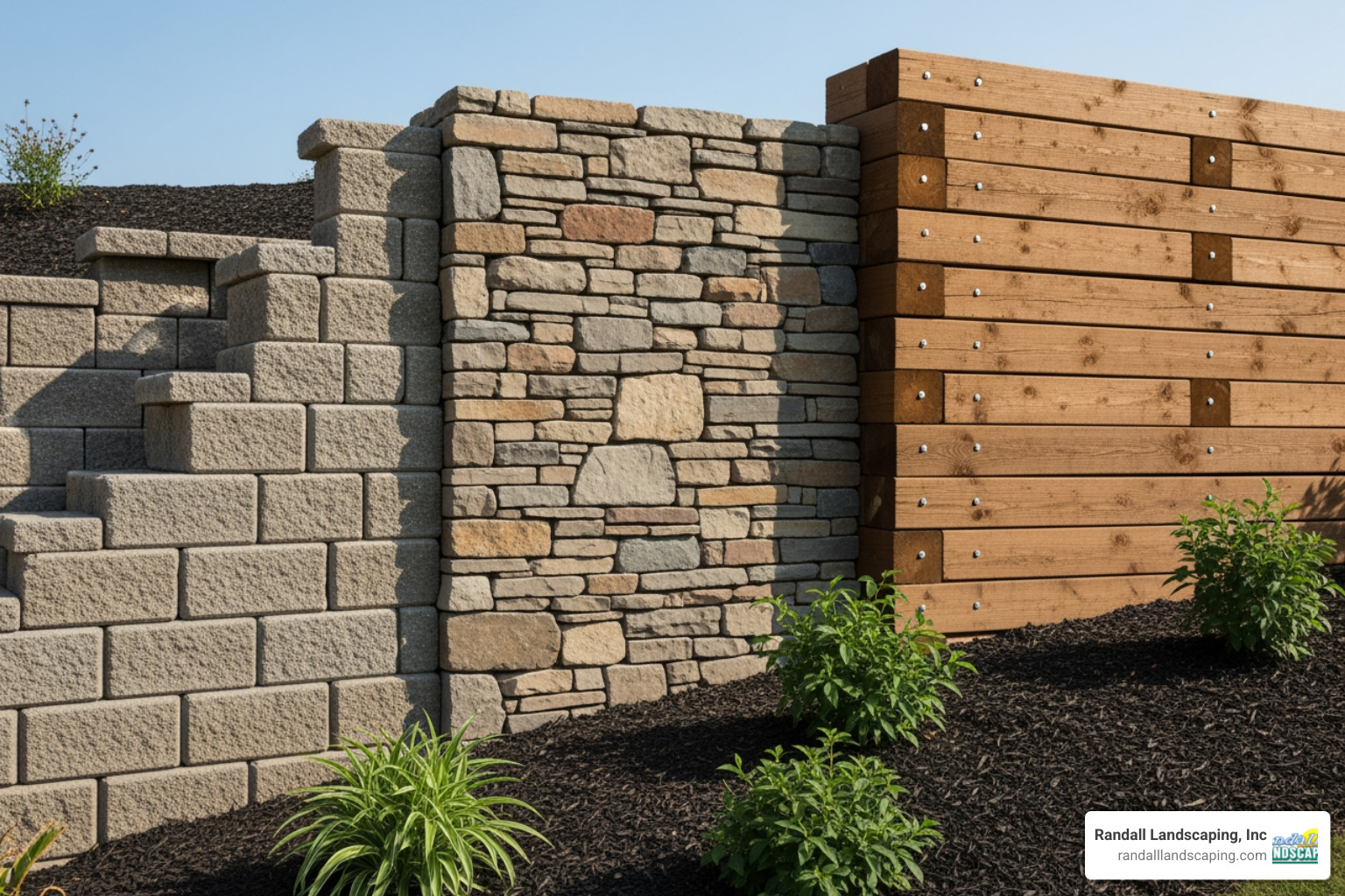 Various retaining wall materials like interlocking concrete blocks, natural stone, and stacked wood timbers - yard retaining wall