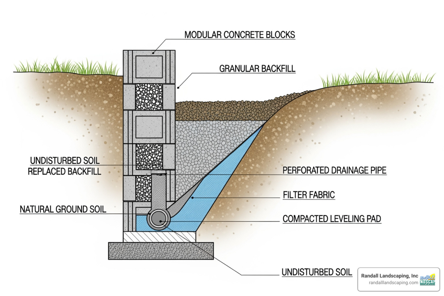 Cross-section diagram of a properly installed block retaining wall with labeled components: compacted subgrade, gravel base, buried block, geogrid, drainage pipe, gravel backfill, filter fabric, and capstone - yard retaining wall
