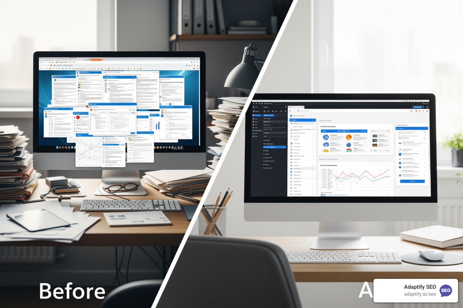 before and after automated workspace - Marketing content automation