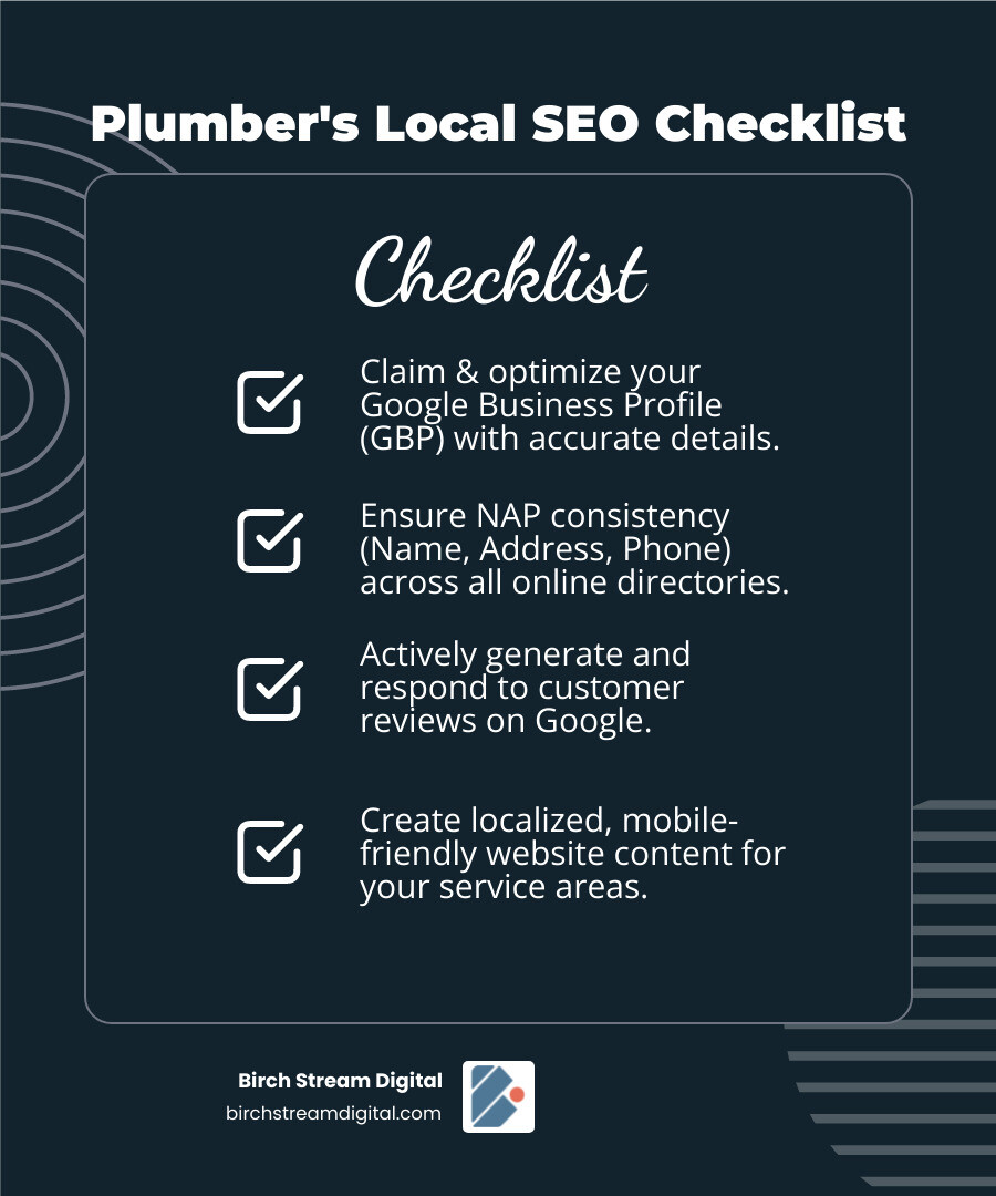 Infographic showing the 5-step local SEO process for plumbers: 1. Optimize Google Business Profile with accurate NAP, photos, and services. 2. Build consistent citations across Yelp, Bing, and local directories. 3. Generate and respond to customer reviews on Google. 4. Create location-specific service pages targeting local keywords. 5. Ensure mobile-friendly website with fast load times and click-to-call buttons. - local seo for plumbers infographic checklist-dark-blue
