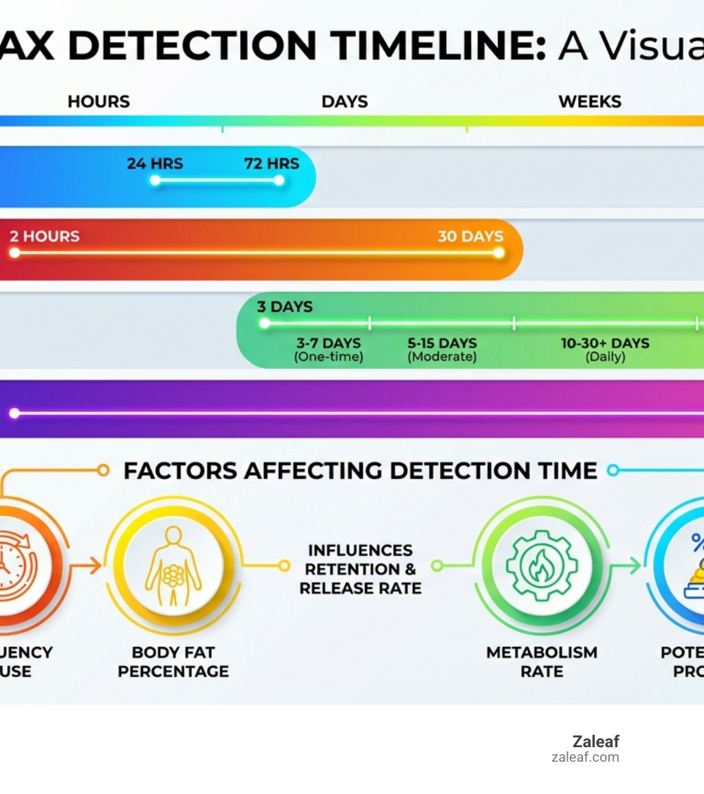Infographic showing THC wax detection timeline across different test types, with bars indicating detection windows for urine (3-90 days depending on frequency), hair (up to 90 days), blood (2 hours to 30 days), and saliva (24-72 hours), plus factors affecting detection time including frequency of use, body fat percentage, metabolism rate, and potency of product - how long does wax thc stay in your system infographic Infographic showing THC wax detection timeline across different test types, with bars indicating detection windows for urine (3-90 days depending on frequency), hair (up to 90 days), blood (2 hours to 30 days), and saliva (24-72 hours), plus factors affecting detection time including frequency of use, body fat percentage, metabolism rate, and potency of product - how long does wax thc stay in your system infographic