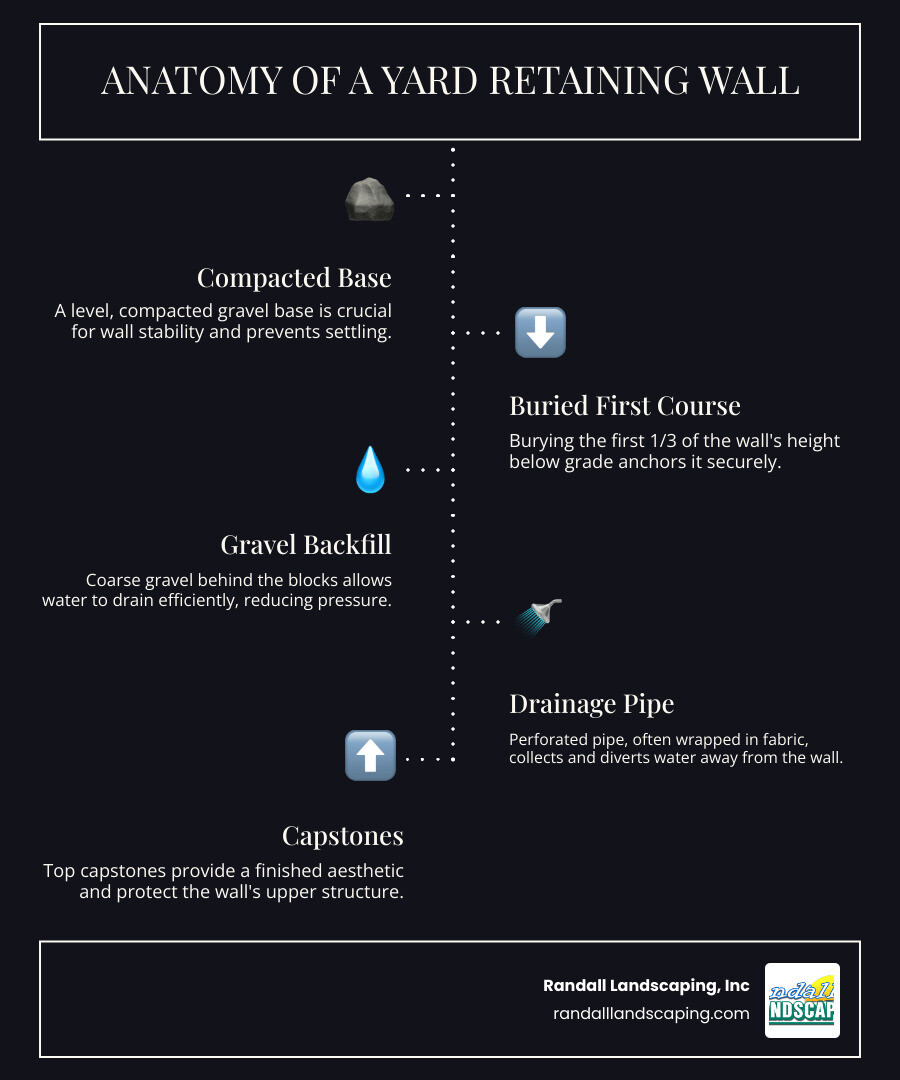 Infographic showing the anatomy of a retaining wall including compacted gravel base, wall blocks buried 1/3 below grade, gravel backfill behind blocks, perforated drainage pipe at the base wrapped in landscape fabric, and capstones on top - yard retaining wall infographic infographic-line-5-steps-dark