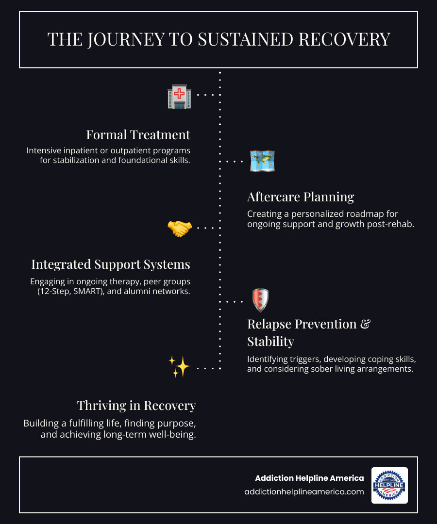 detailed infographic showing the recovery journey from initial treatment through aftercare planning to sustained recovery, with branches showing key support elements including therapy sessions, support group meetings, sober living options, family involvement, relapse prevention tools, and lifestyle changes, all connecting to long-term wellness - aftercare planning infographic infographic-line-5-steps-dark detailed infographic showing the recovery journey from initial treatment through aftercare planning to sustained recovery, with branches showing key support elements including therapy sessions, support group meetings, sober living options, family involvement, relapse prevention tools, and lifestyle changes, all connecting to long-term wellness - aftercare planning infographic infographic-line-5-steps-dark