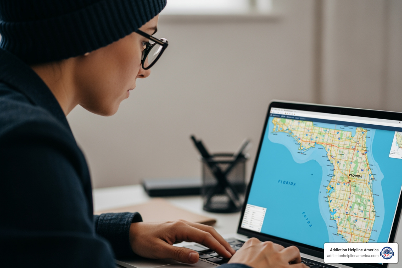 person looking at a laptop screen displaying a map of Florida - detox centers Florida