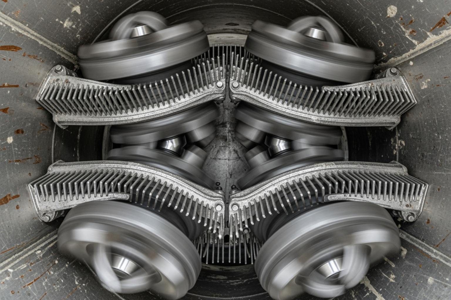 Internal view of an industrial lump breaker showing rotating blades and stationary combs - industrial lump breaker