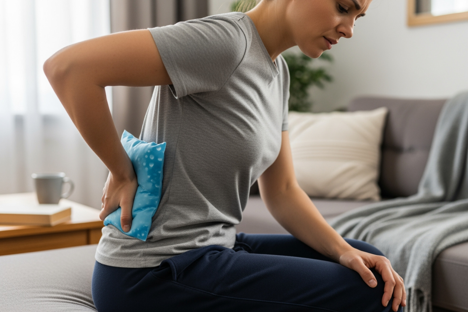 person applying cold pack to back - sore latissimus dorsi